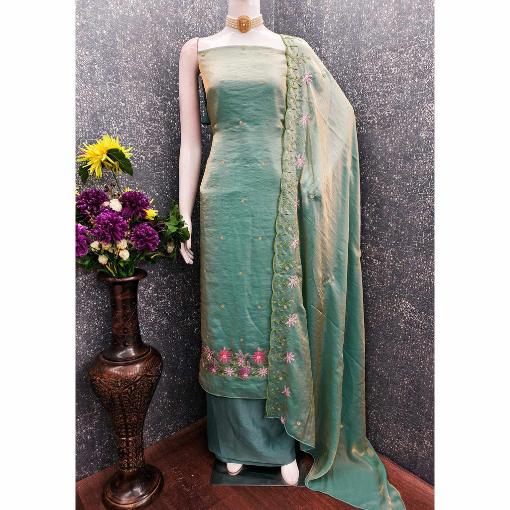 Designer Sea Green Satin Silk Dress Material with Fine Floral Embroidery