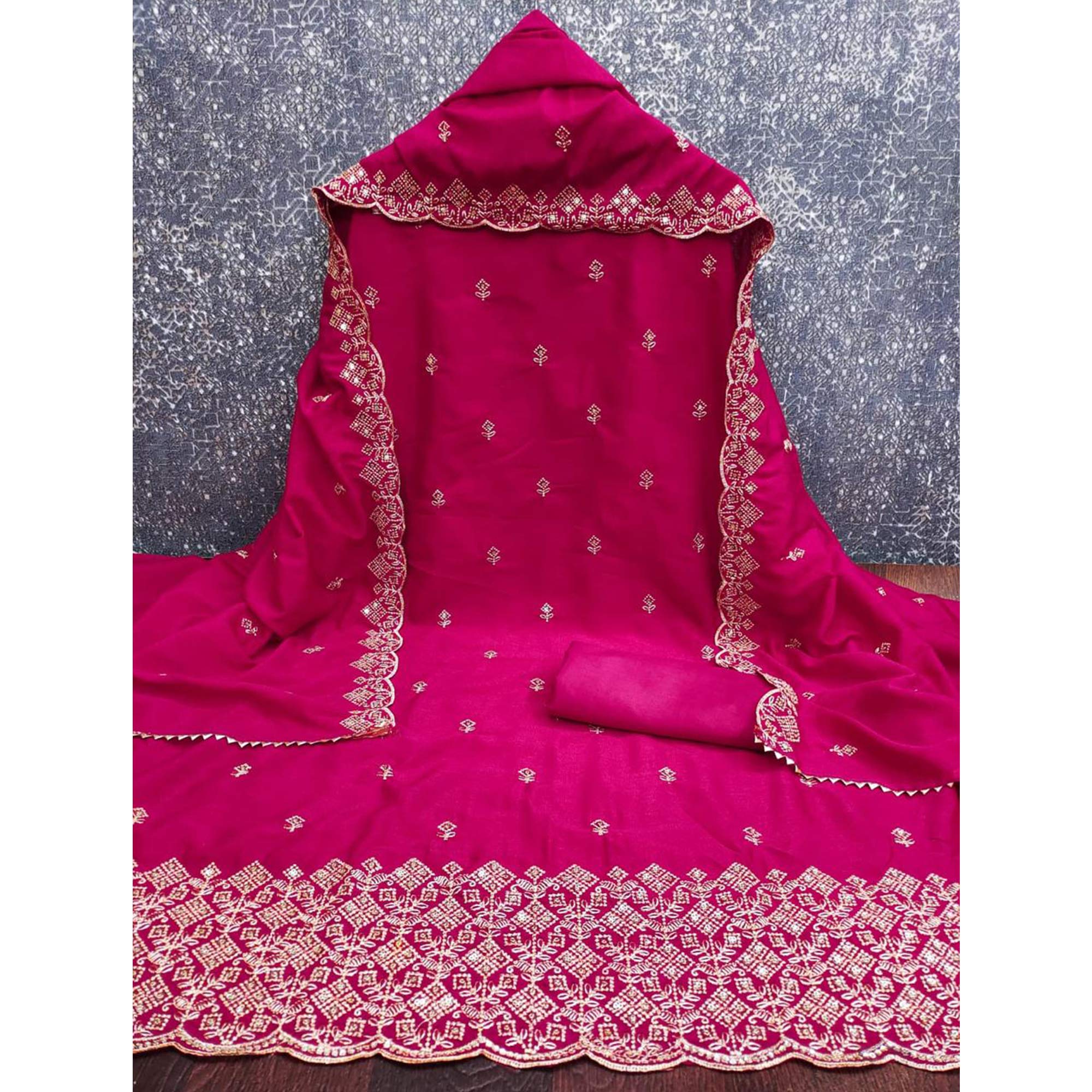 Festive Wear Pink Vichitra Silk Dress Material with Sequins Embellishment