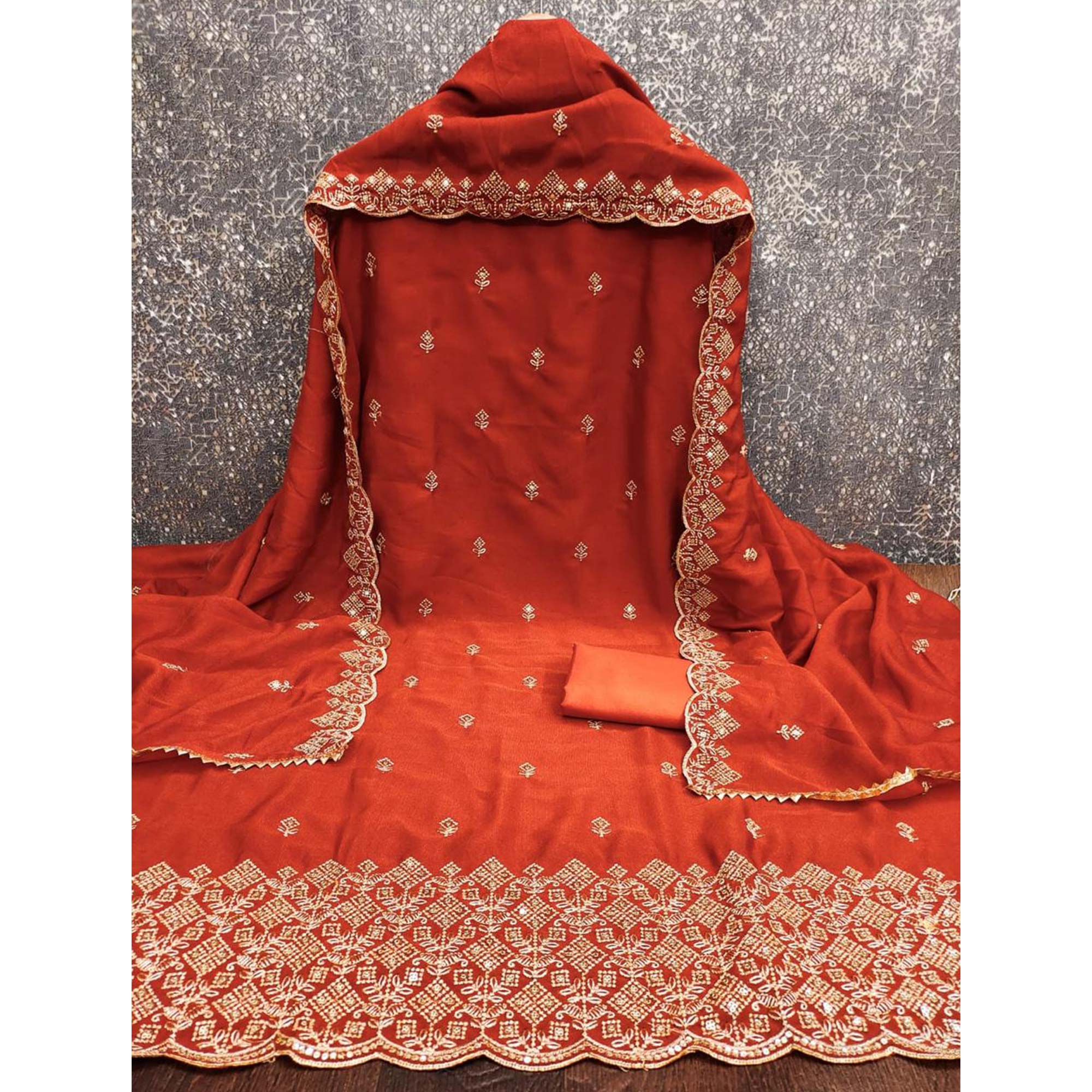 Festive Wear Rust Vichitra Silk Dress Material with Sequins Embellishment