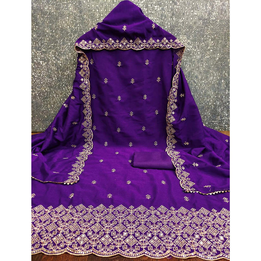 Festive Wear Violet Vichitra Silk Dress Material with Sequins Embellishment