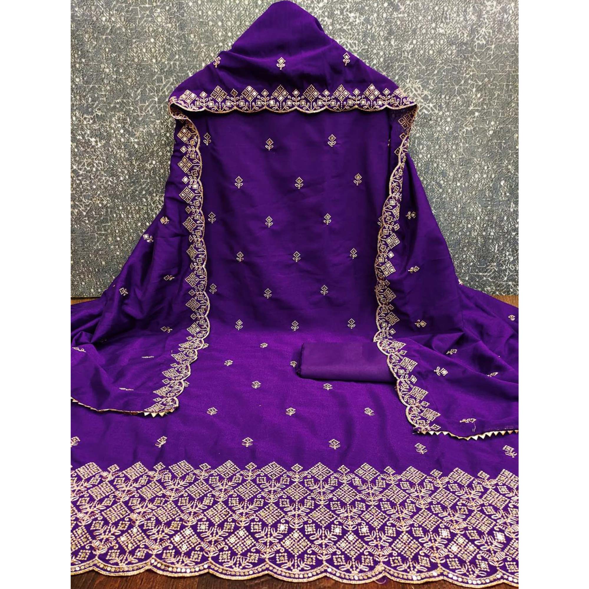 Festive Wear Violet Vichitra Silk Dress Material with Sequins Embellishment