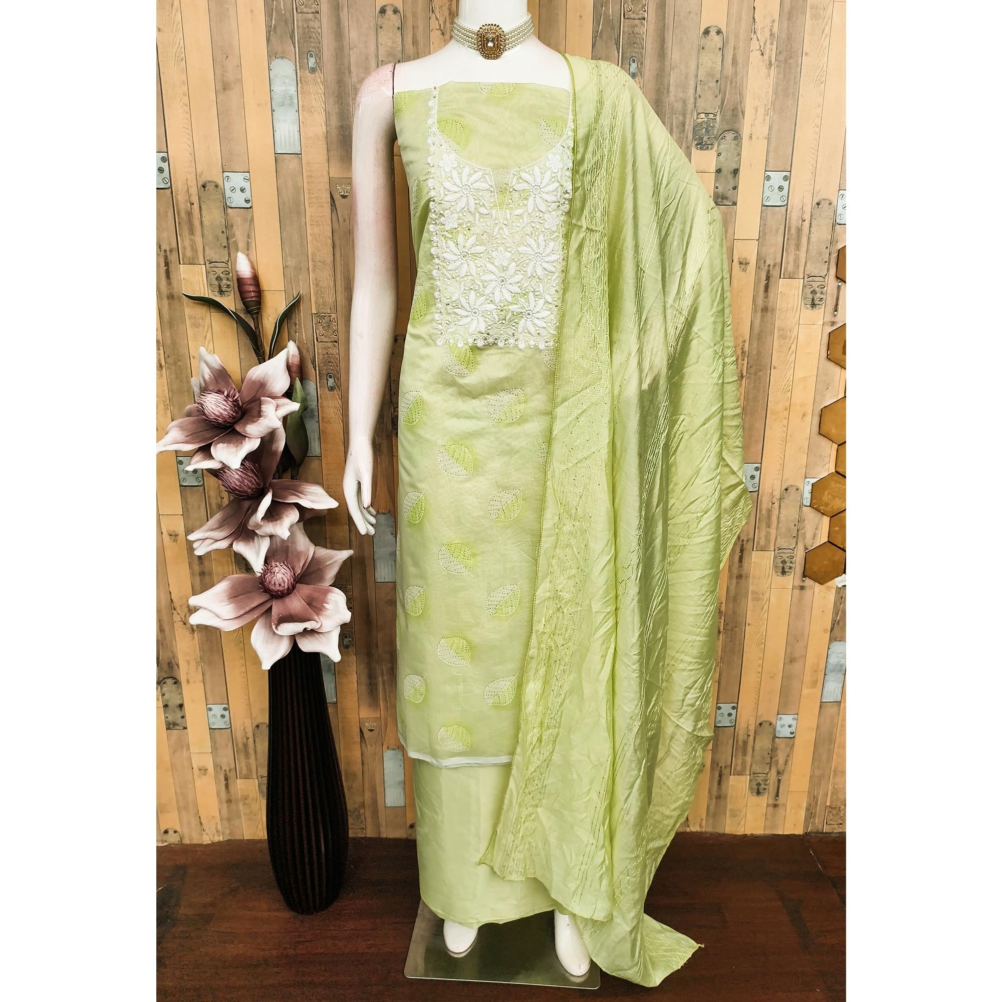 Green Chanderi Cotton Dress Material Adorned With Floral Thread Embroidery & Sequins Work