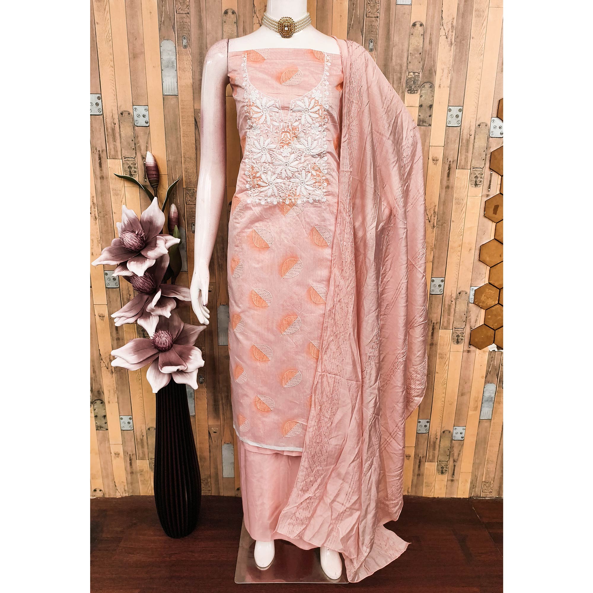 Peach Chanderi Cotton Dress Material Adorned With Floral Thread Embroidery & Sequins Work