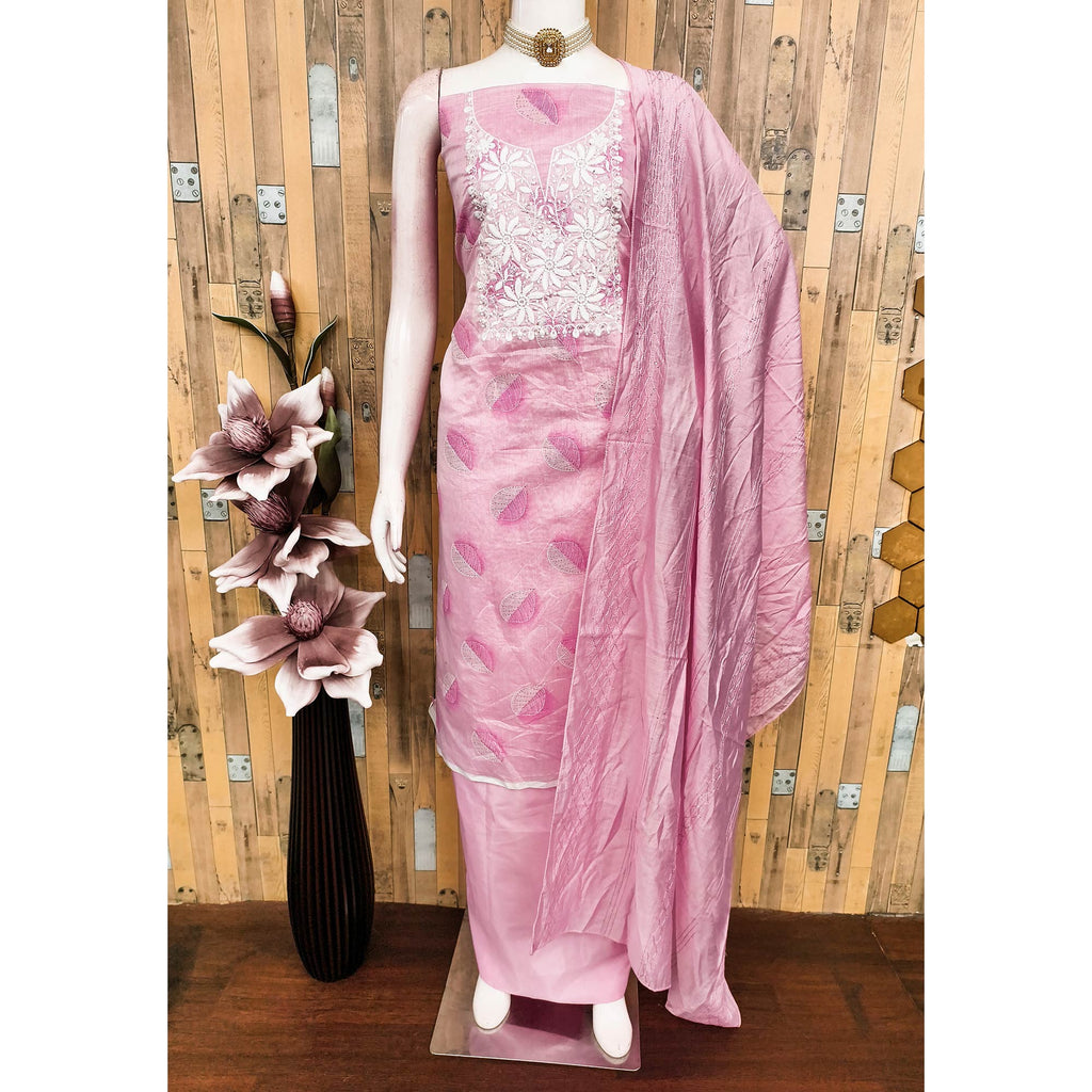 Pink Chanderi Cotton Dress Material Adorned With Floral Thread Embroidery & Sequins Work