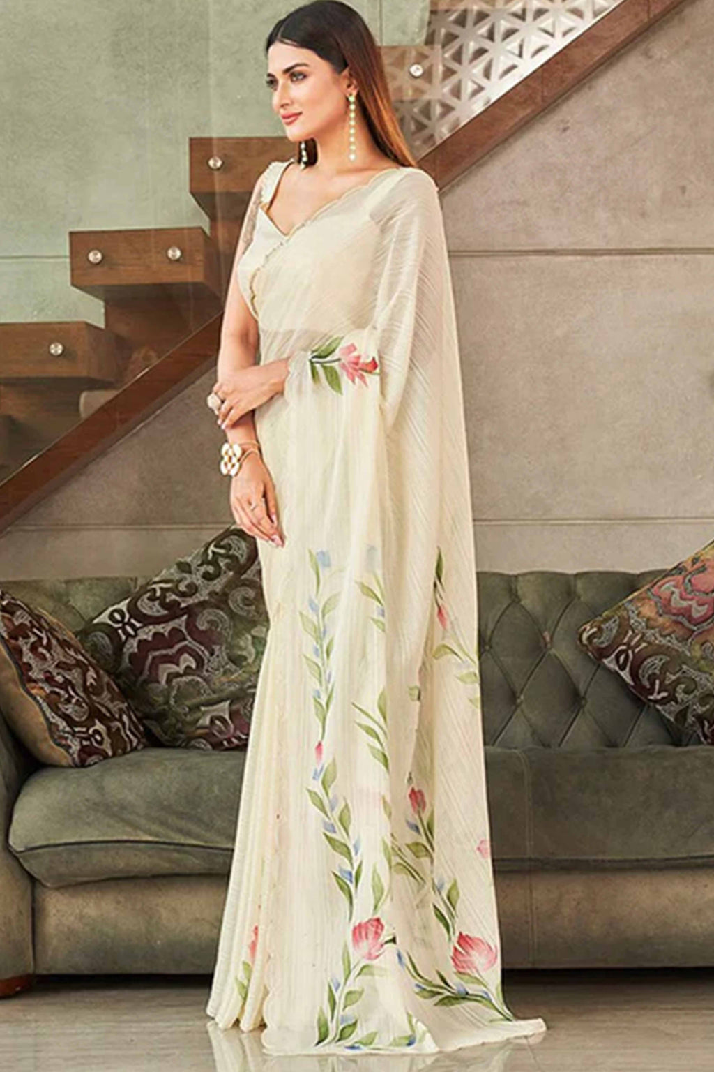 Graceful Offwhite Chiffon Saree With Delicate Floral Print & Elegant Piping Border Work