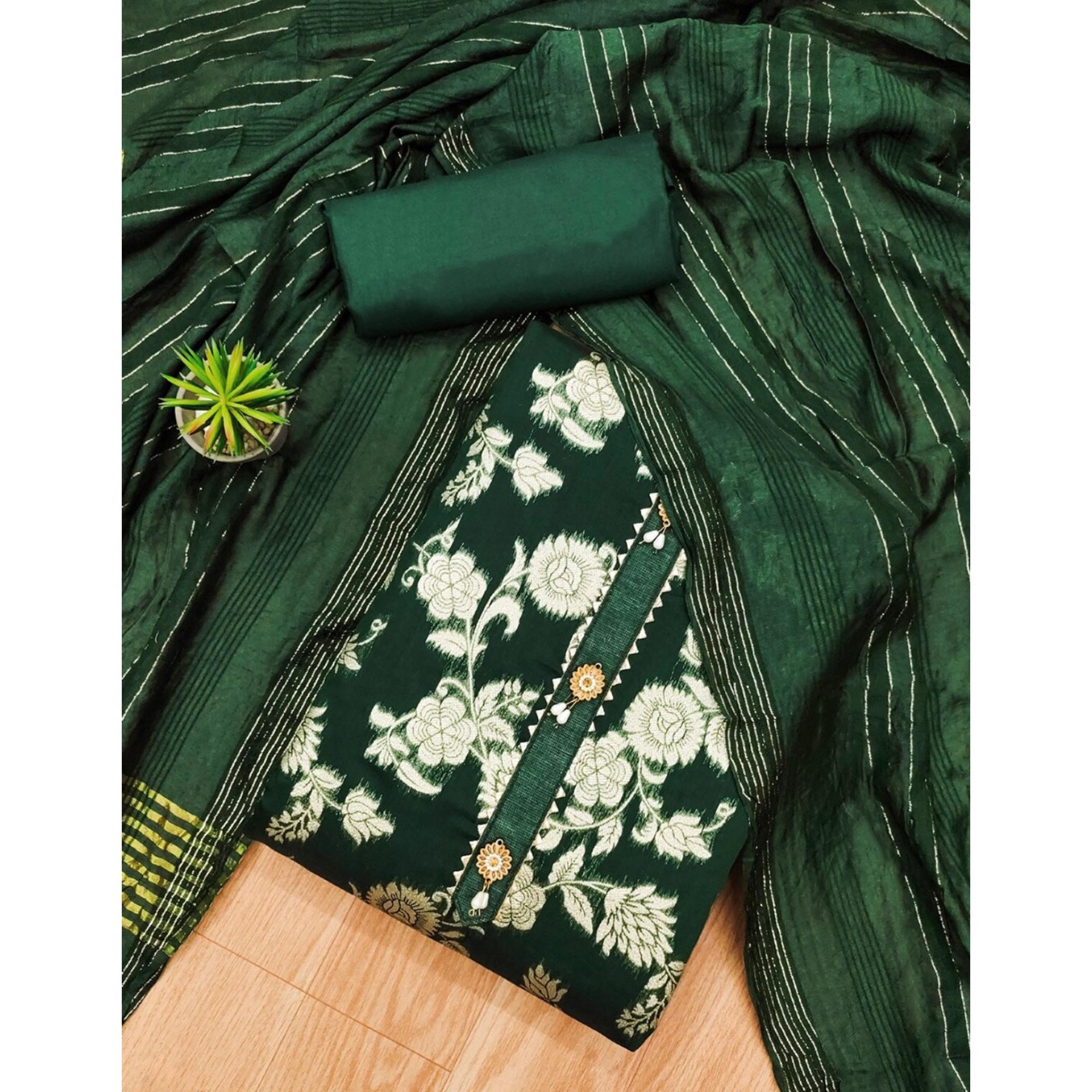 Green Floral Woven Modal Dress Material