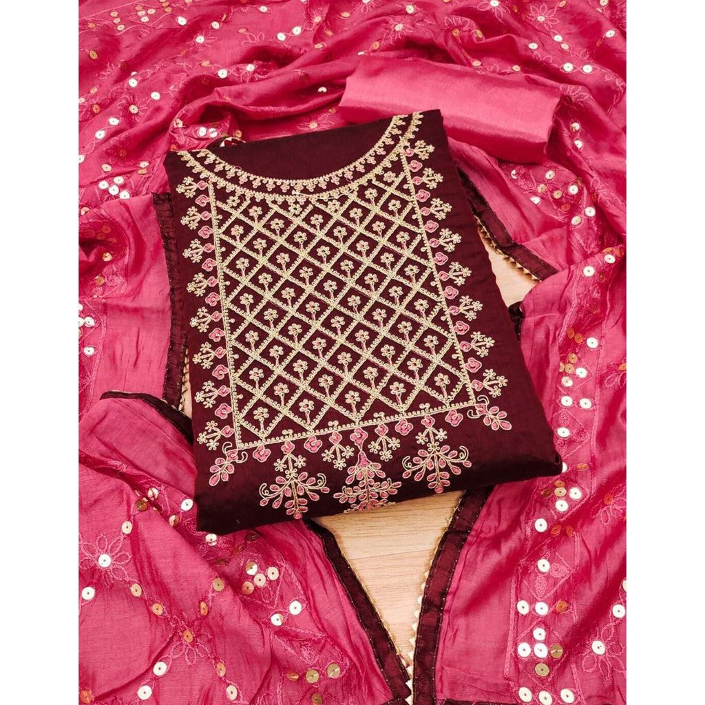 Maroon Floral Embroidered Modal Dress Material