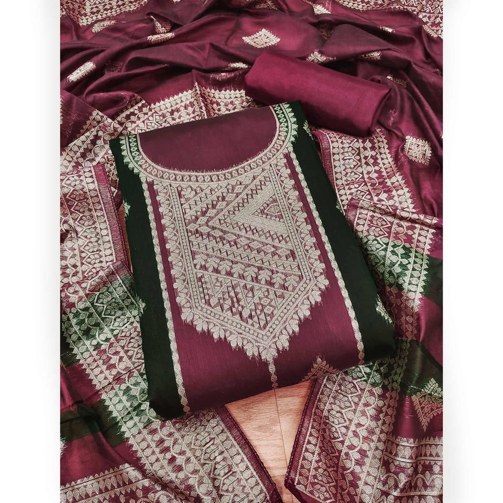 Maroon Woven Chanderi Dress Material