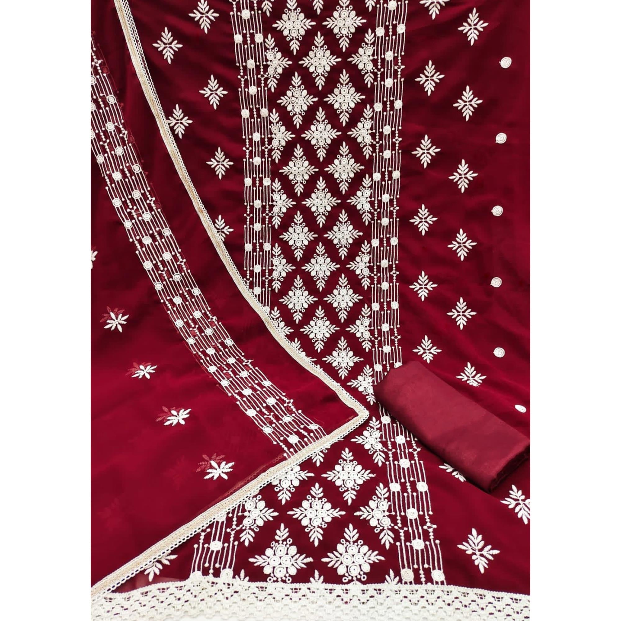 Maroon Floral Embroidered Georgette Dress Material