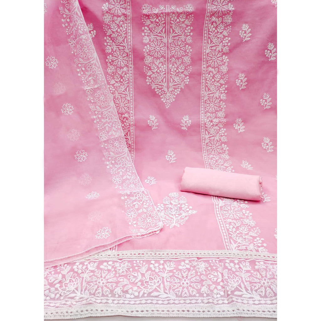 Pink Floral Embroidered Modal Dress Material