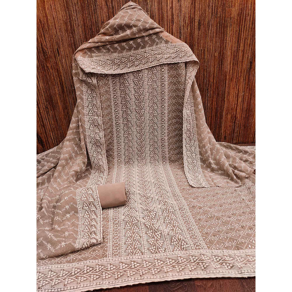 Brown Embroidered Georgette Dress Material