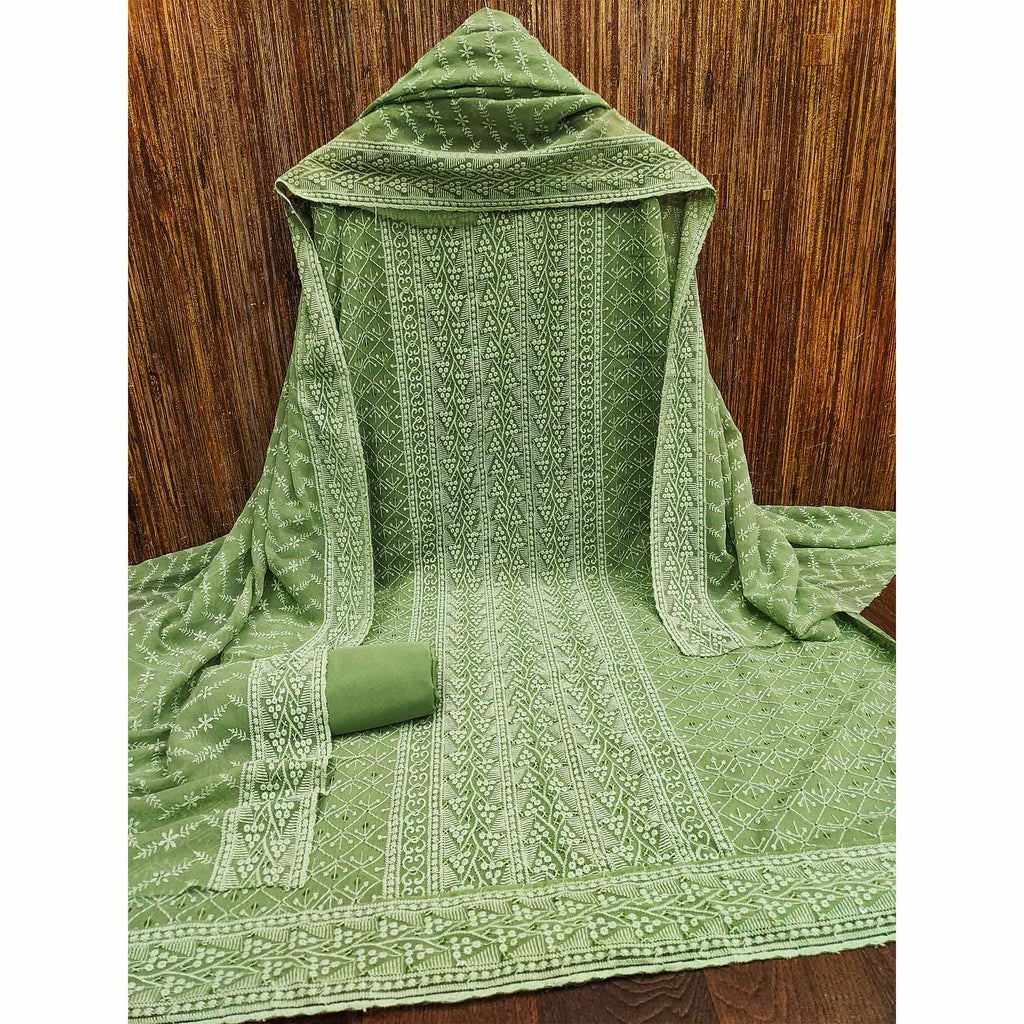 Green Embroidered Georgette Dress Material