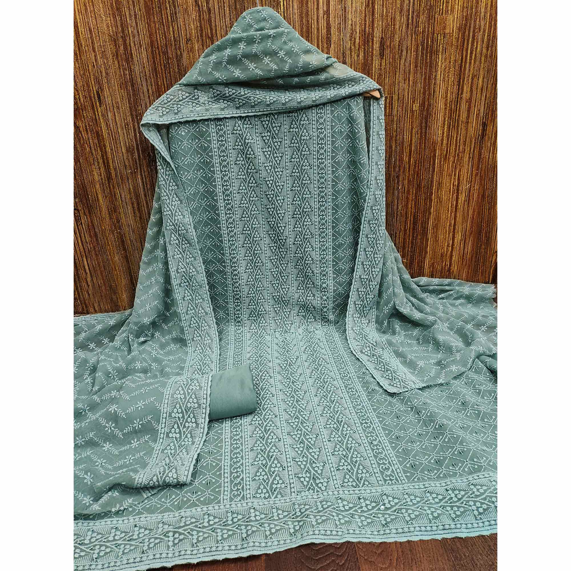 Grey Embroidered Georgette Dress Material