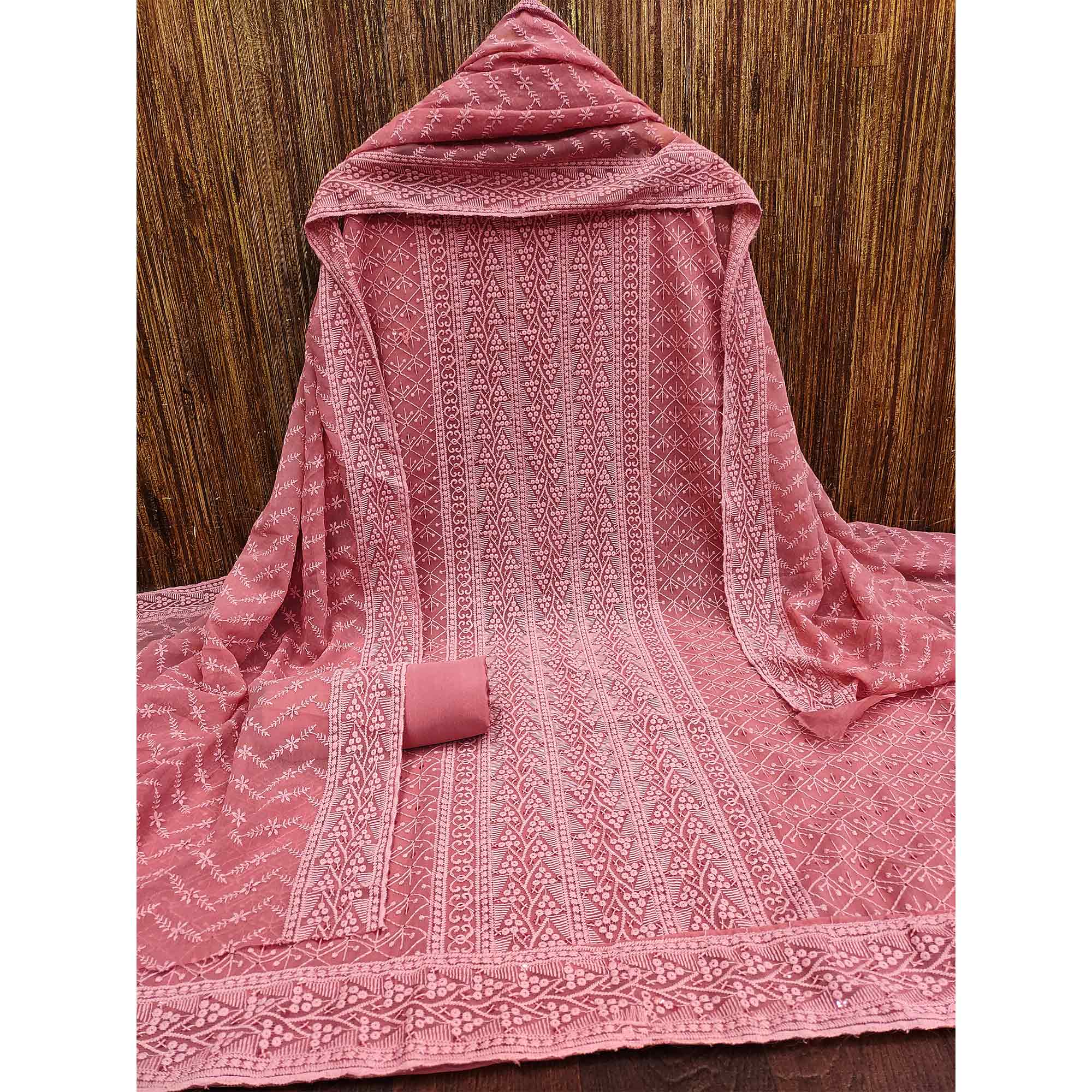 Pink Embroidered Georgette Dress Material