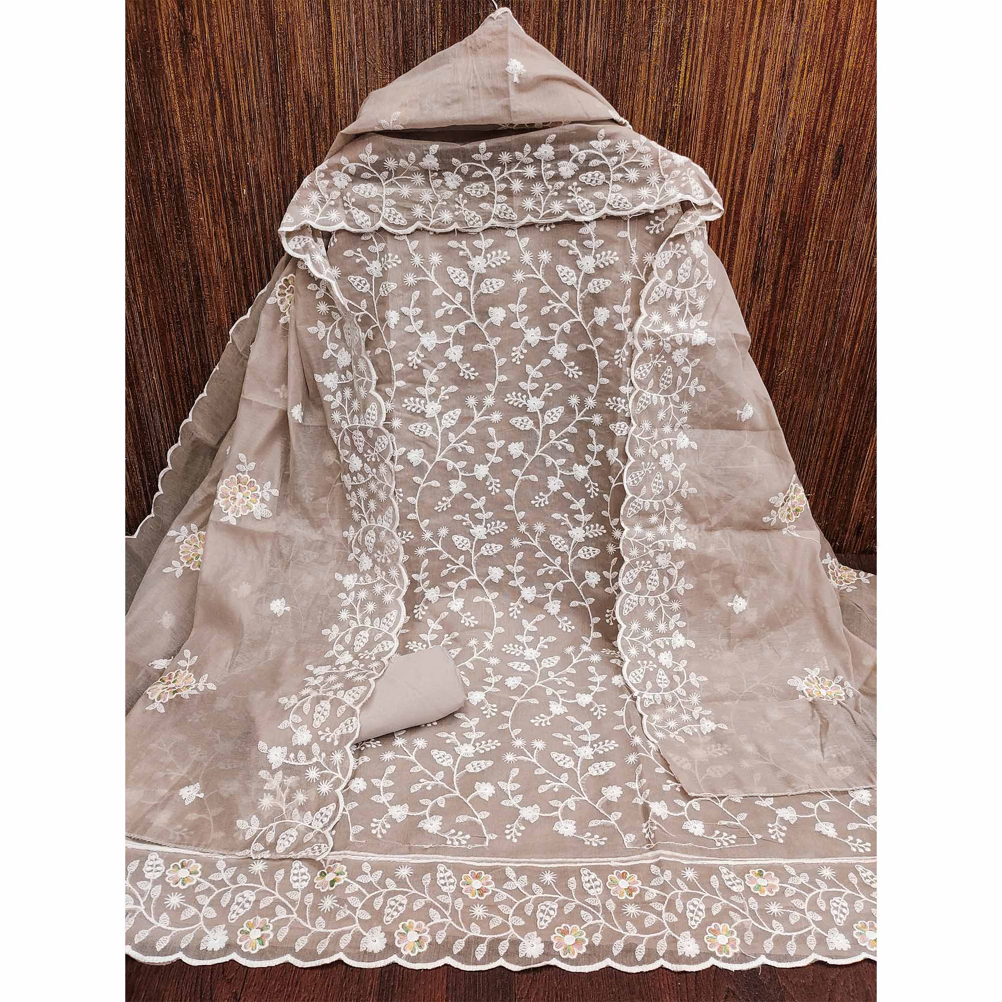 Brown Floral Embroidered Chanderi Dress Material