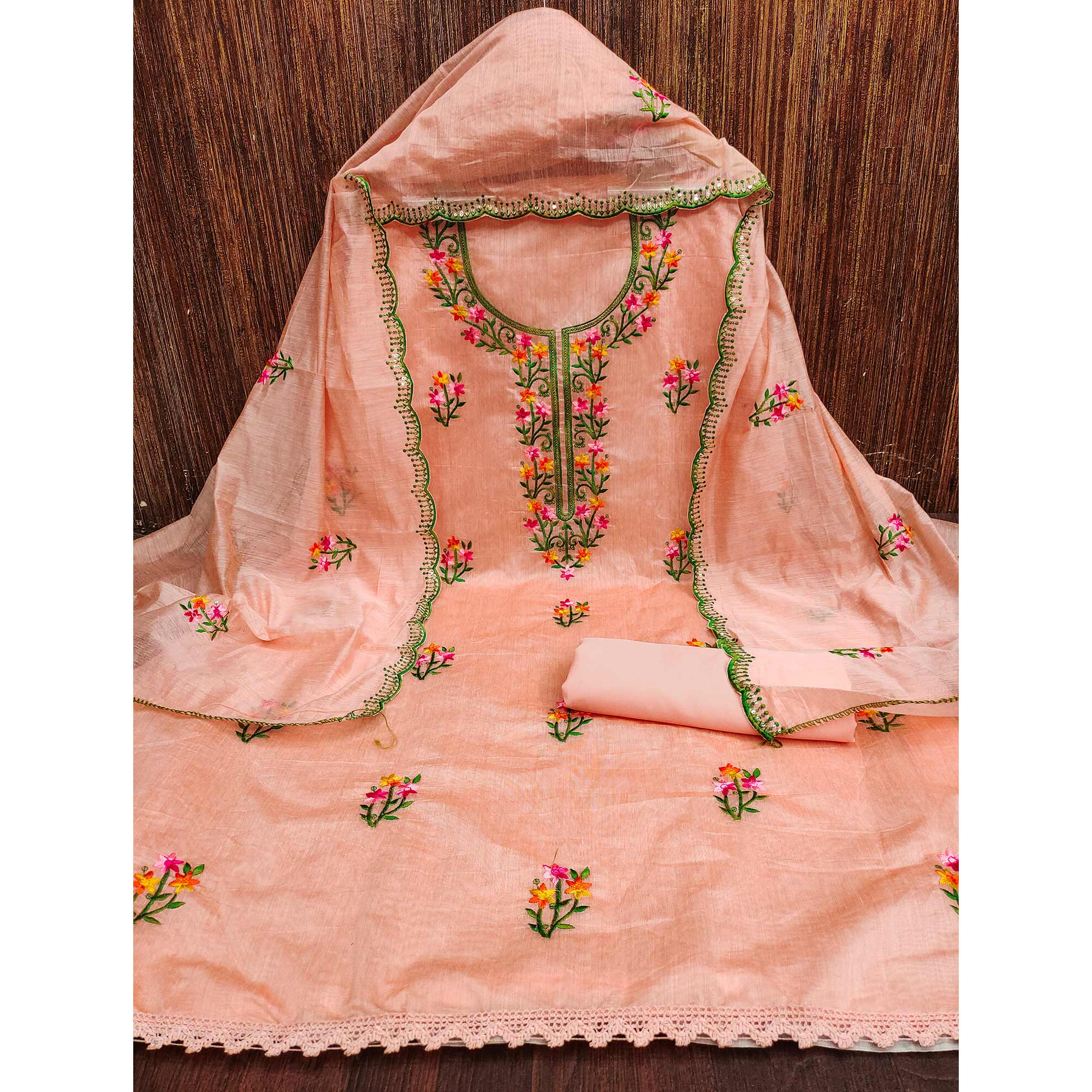 Peach Floral Embroidered Chanderi Dress Material