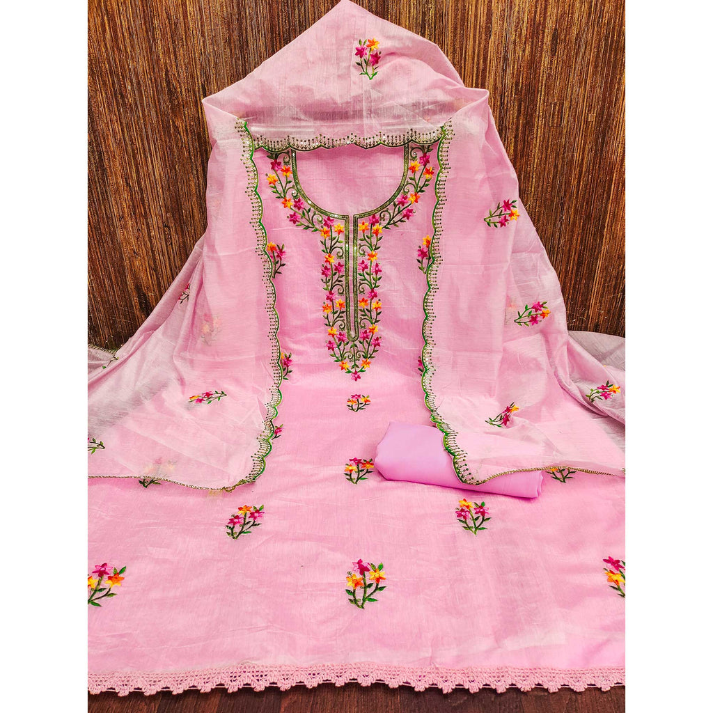 Pink Floral Embroidered Chanderi Dress Material
