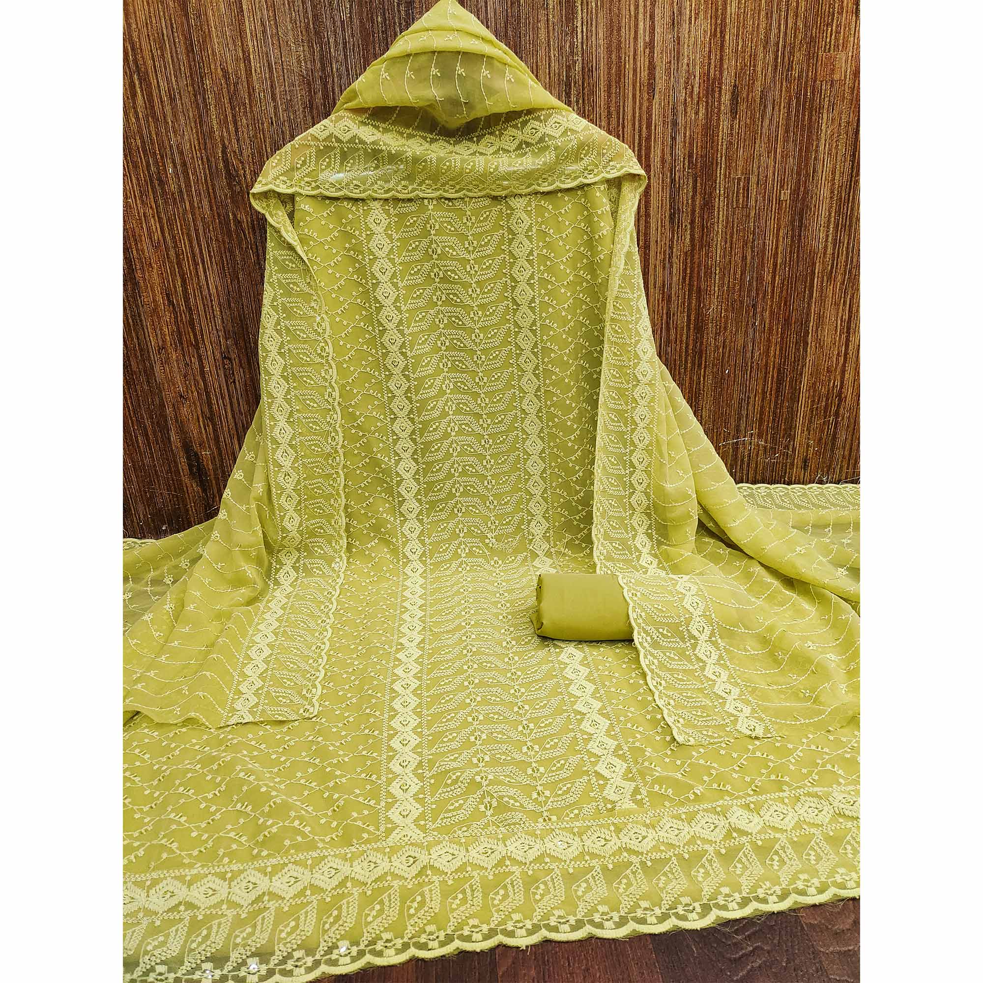 Green Lucknowi Embroidered Georgette Dress Material