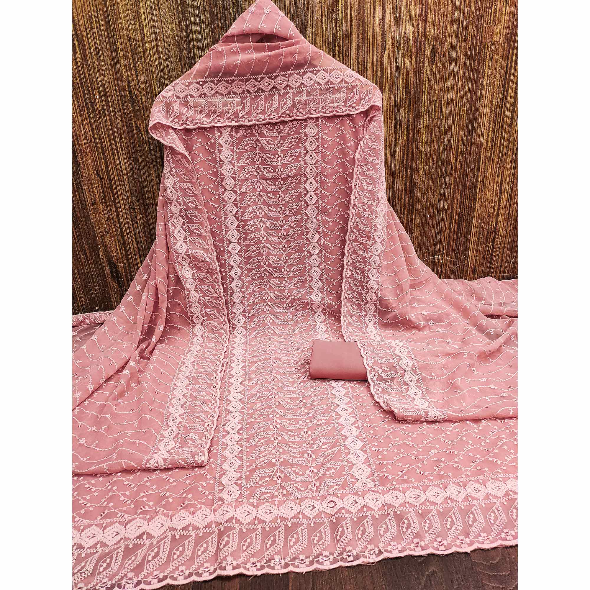 Peach Lucknowi Embroidered Georgette Dress Material