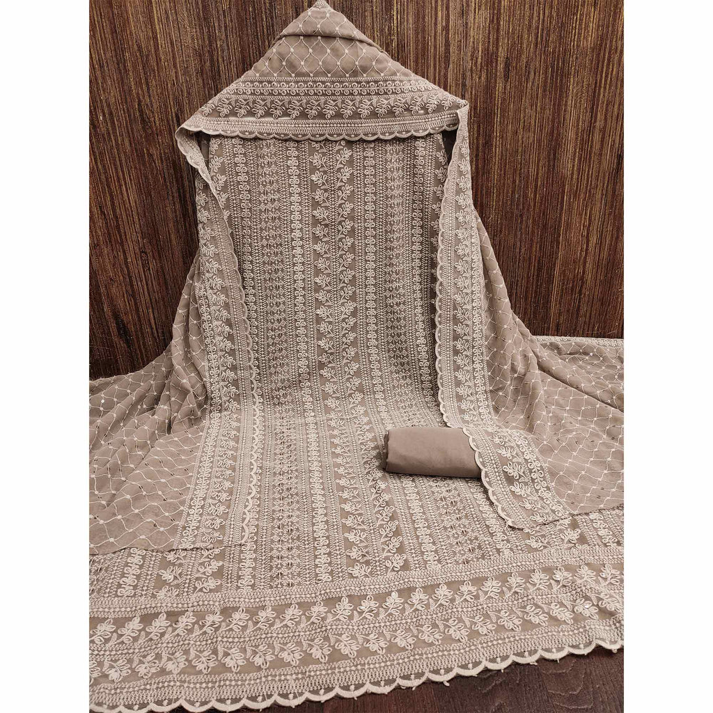 Dusty Brown Lucknowi Embroidered Georgette Dress Material