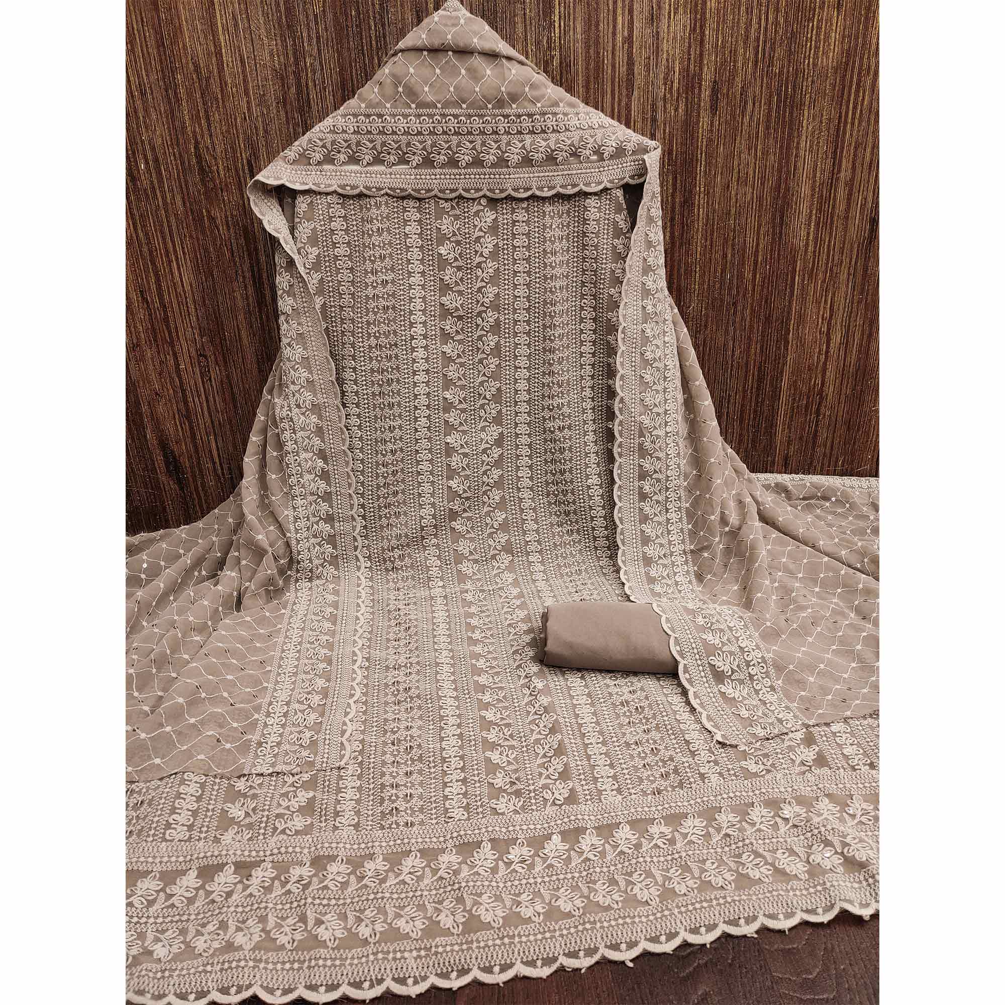 Dusty Brown Lucknowi Embroidered Georgette Dress Material