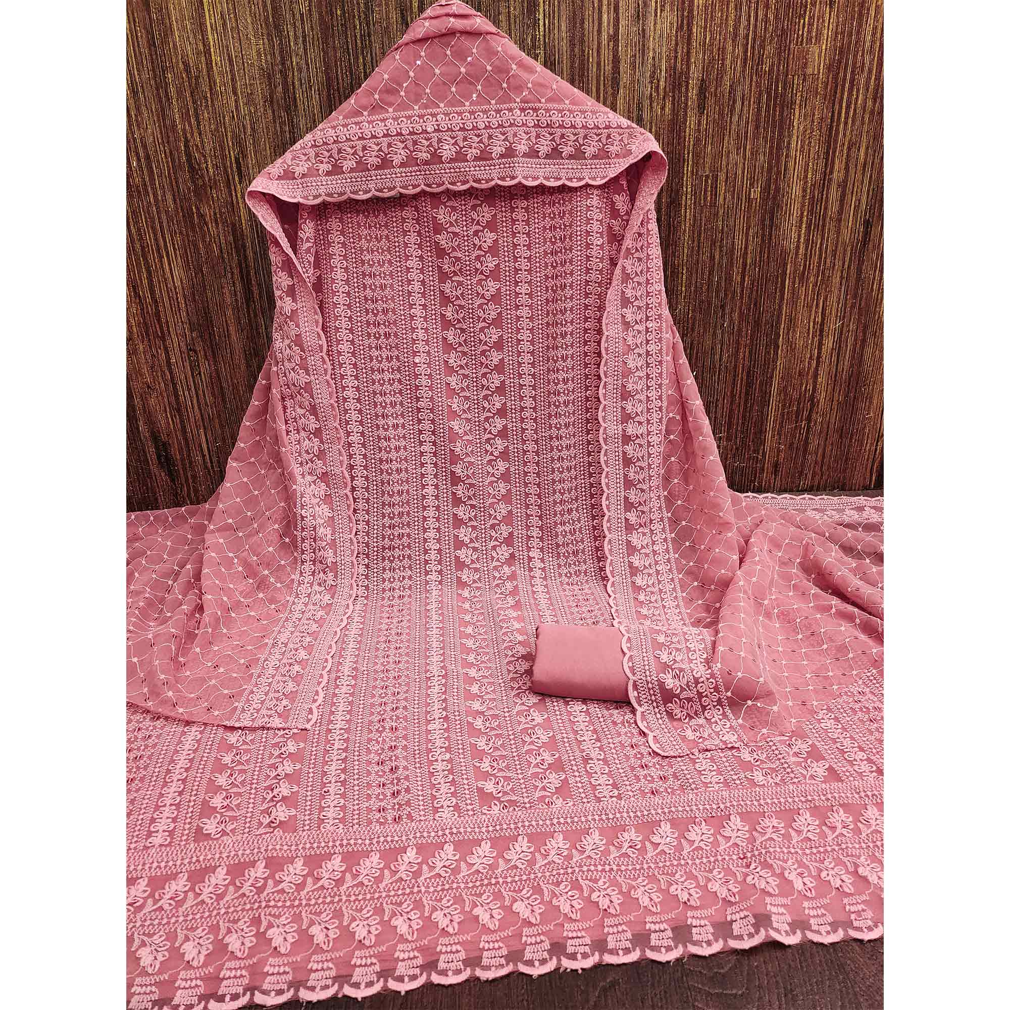 Dusty Pink Lucknowi Embroidered Georgette Dress Material