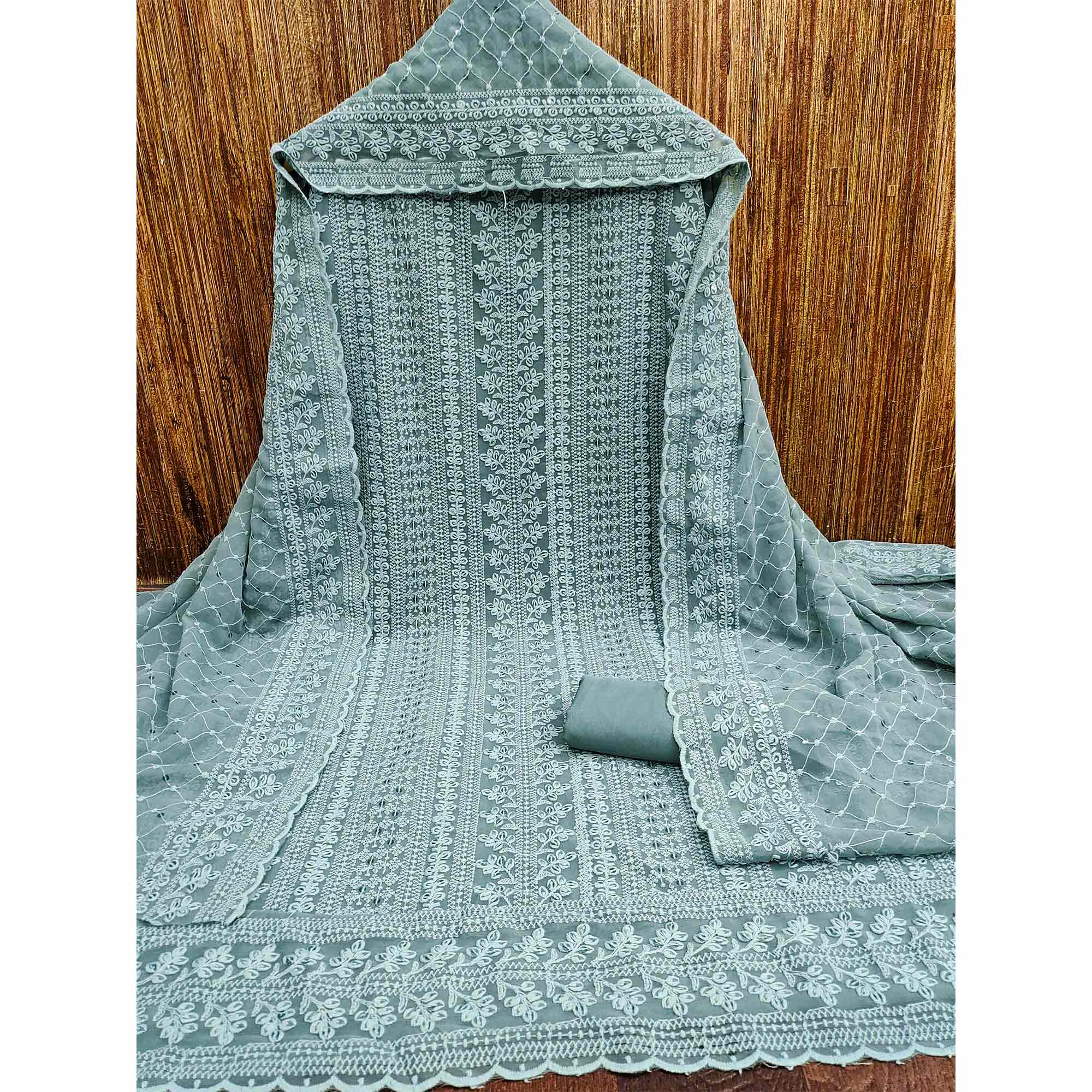 Dusty Teal Lucknowi Embroidered Georgette Dress Material