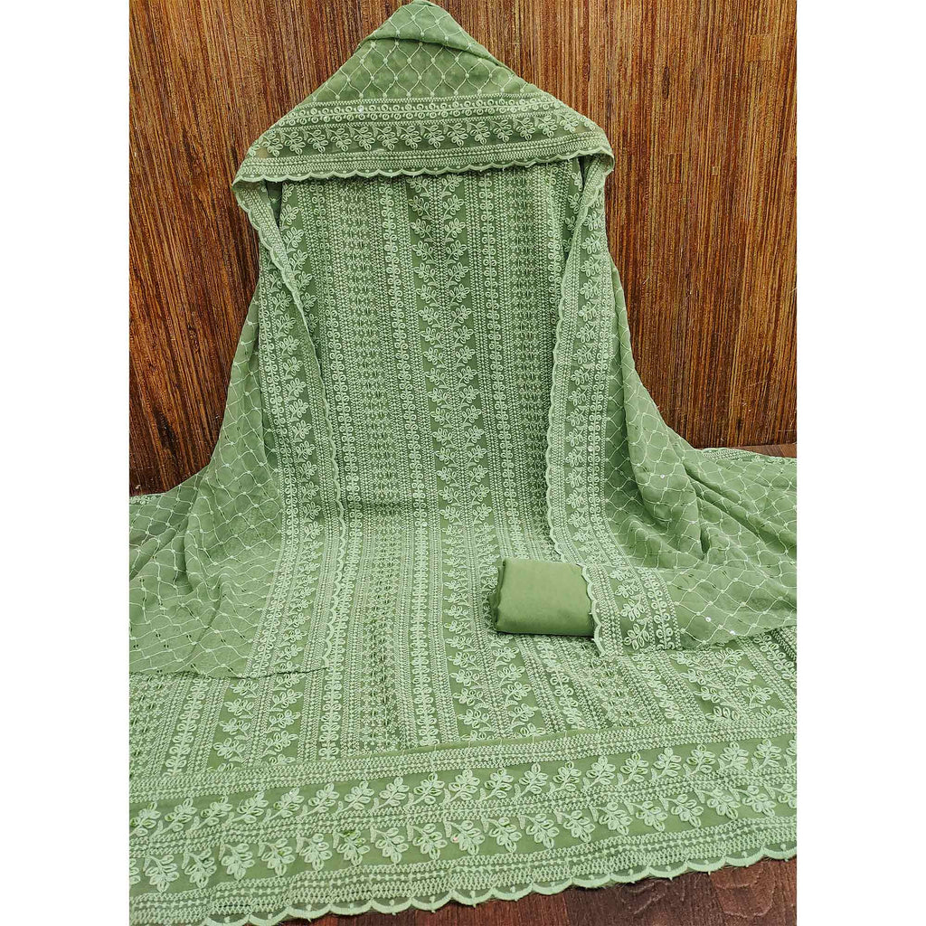 Green Lucknowi Embroidered Georgette Dress Material