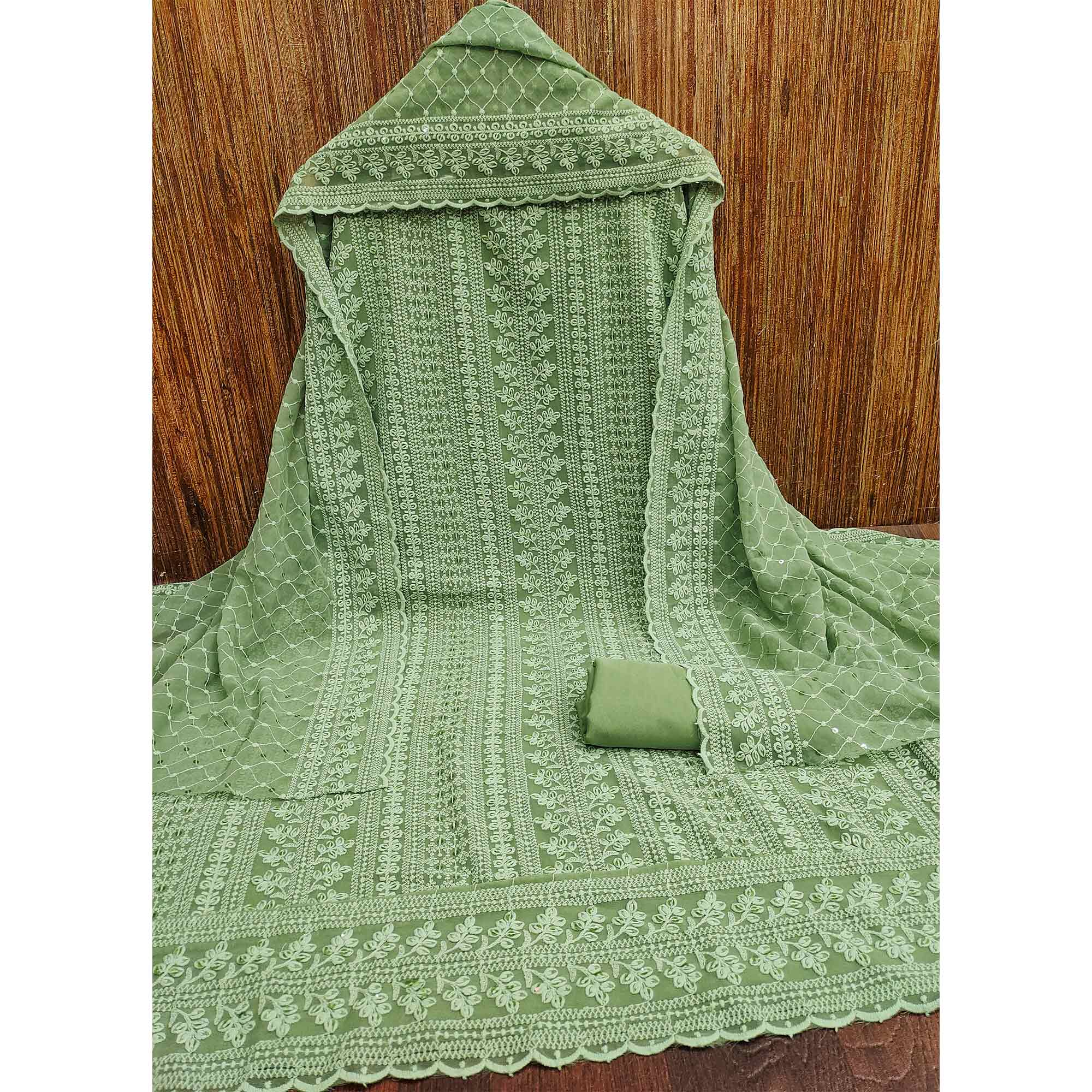 Green Lucknowi Embroidered Georgette Dress Material