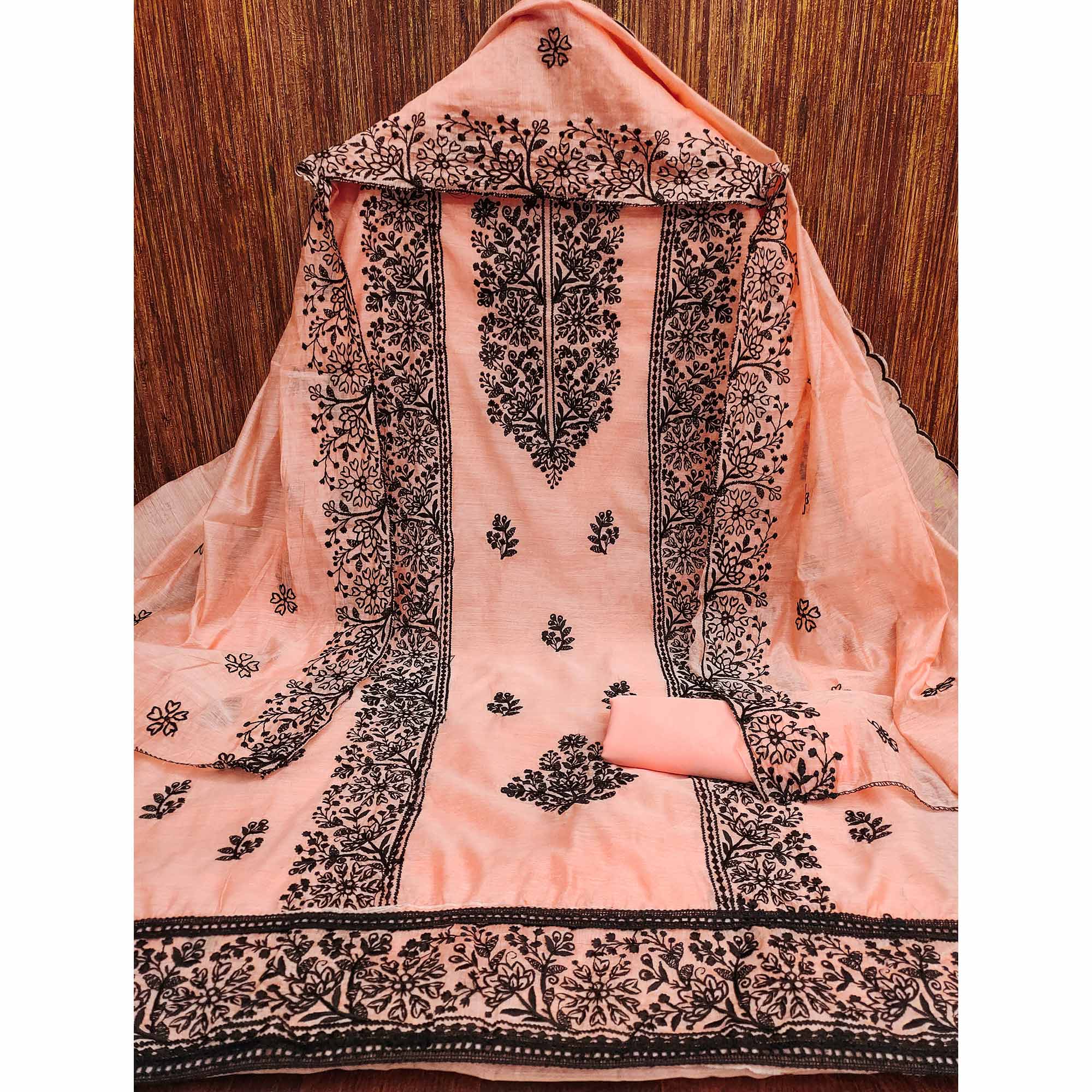 Peach Floral Embroidered Chanderi Dress Material