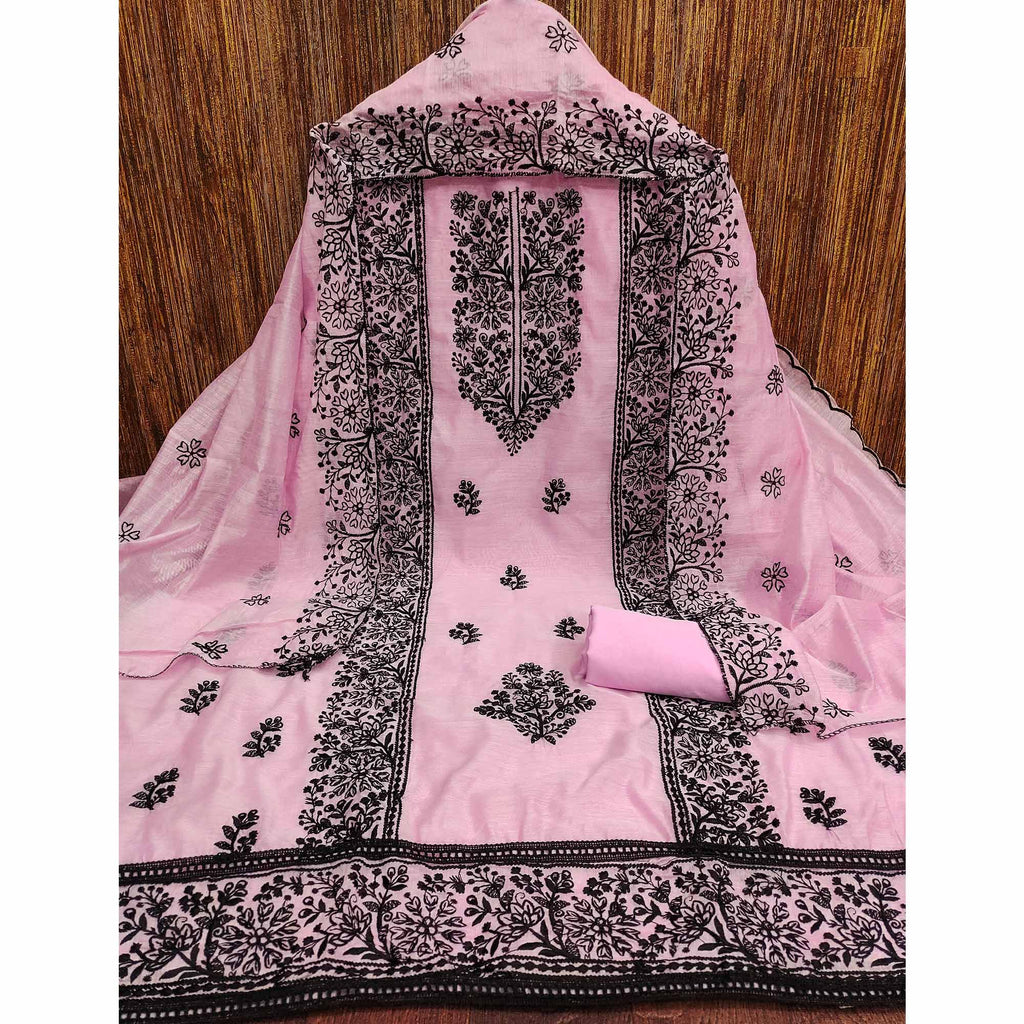 Pink Floral Embroidered Chanderi Dress Material