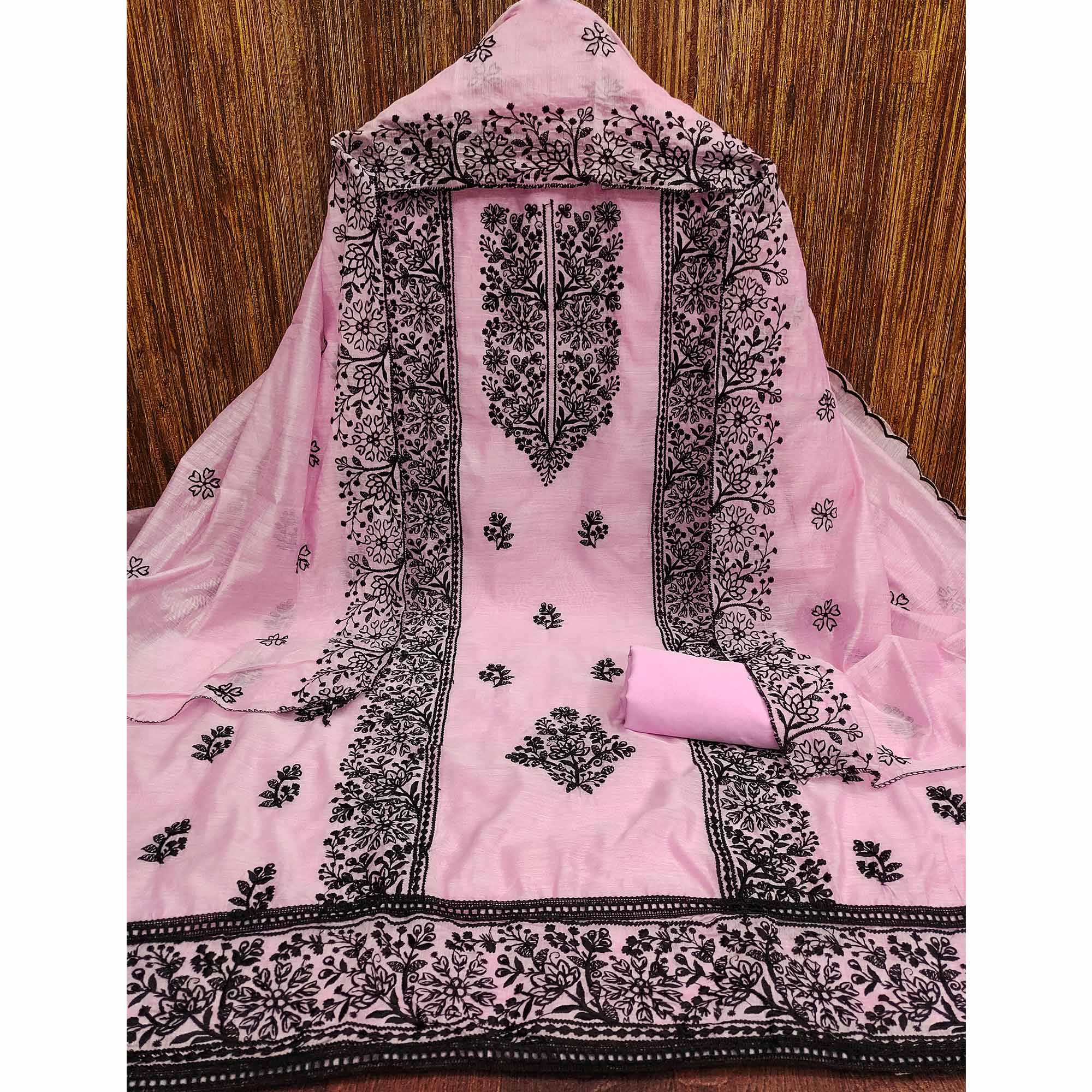 Pink Floral Embroidered Chanderi Dress Material