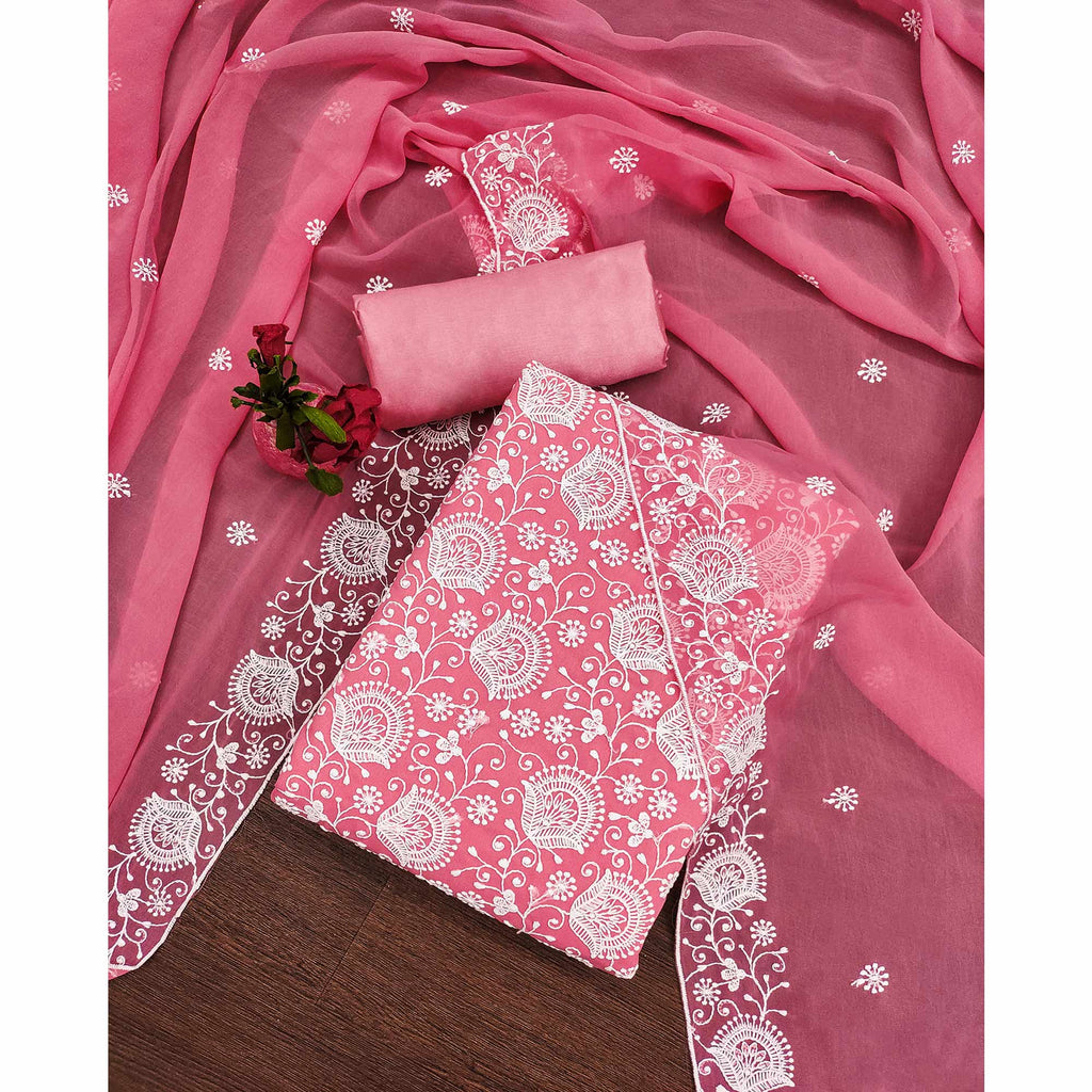 Pink Floral Embroidered Georgette Dress Material