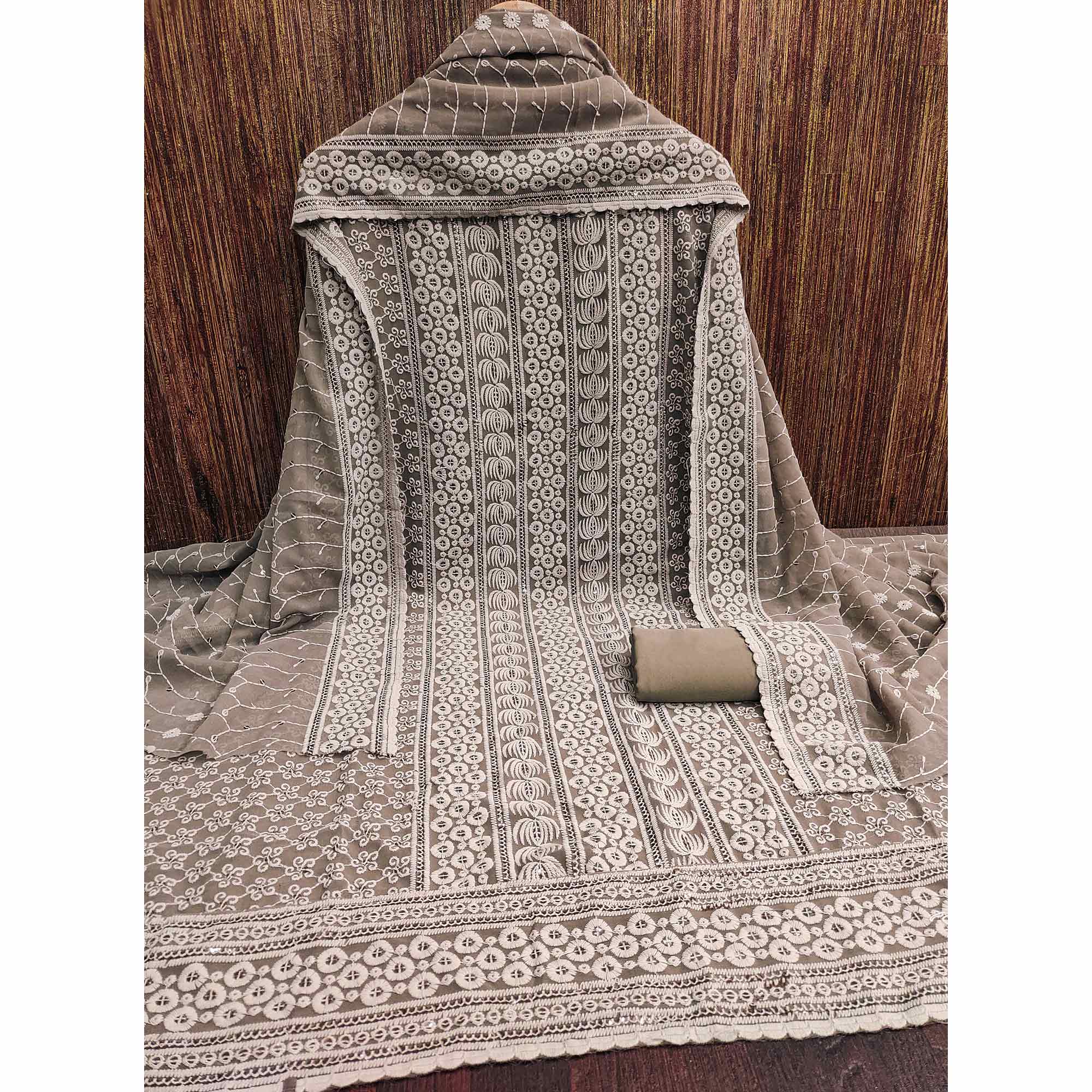 Brown Sequin Embroidered Georgette Dress Material