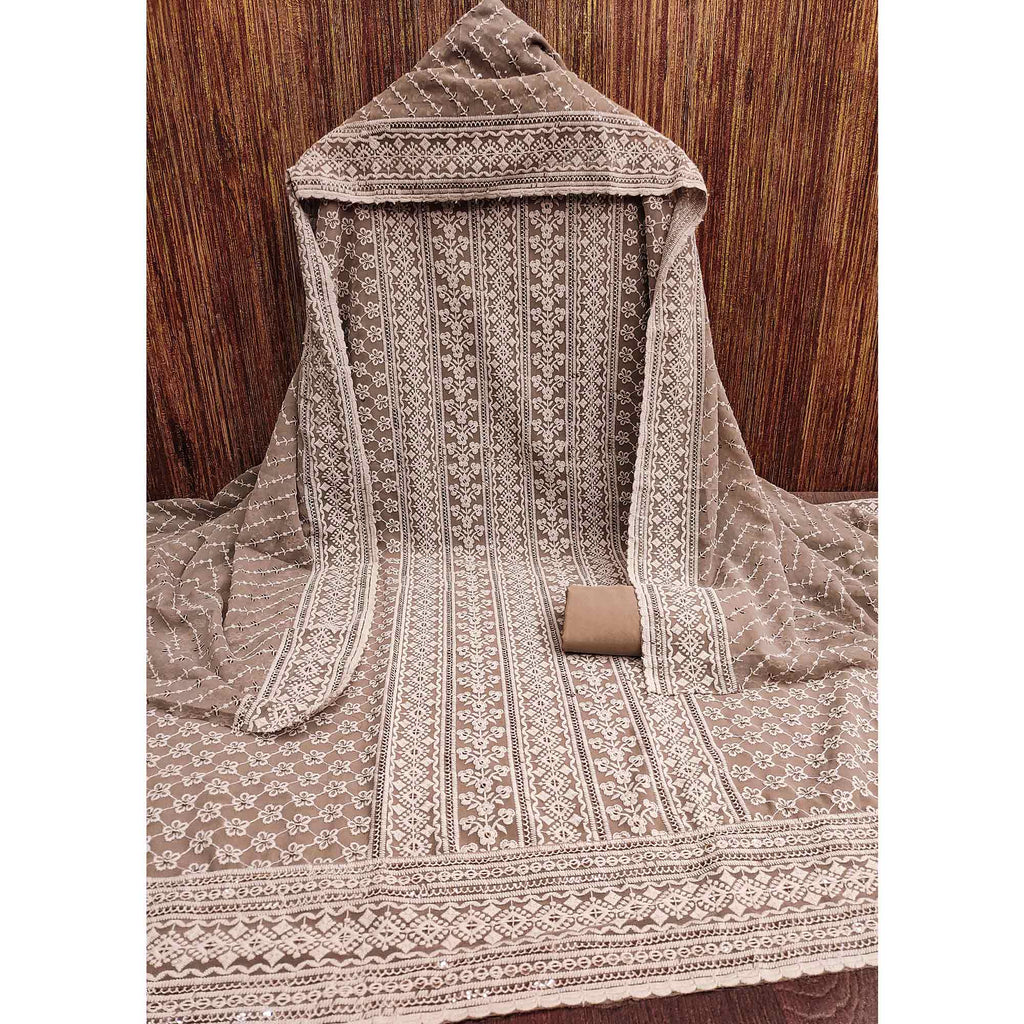 Brown Floral Sequins Embroidered Georgette Dress Material