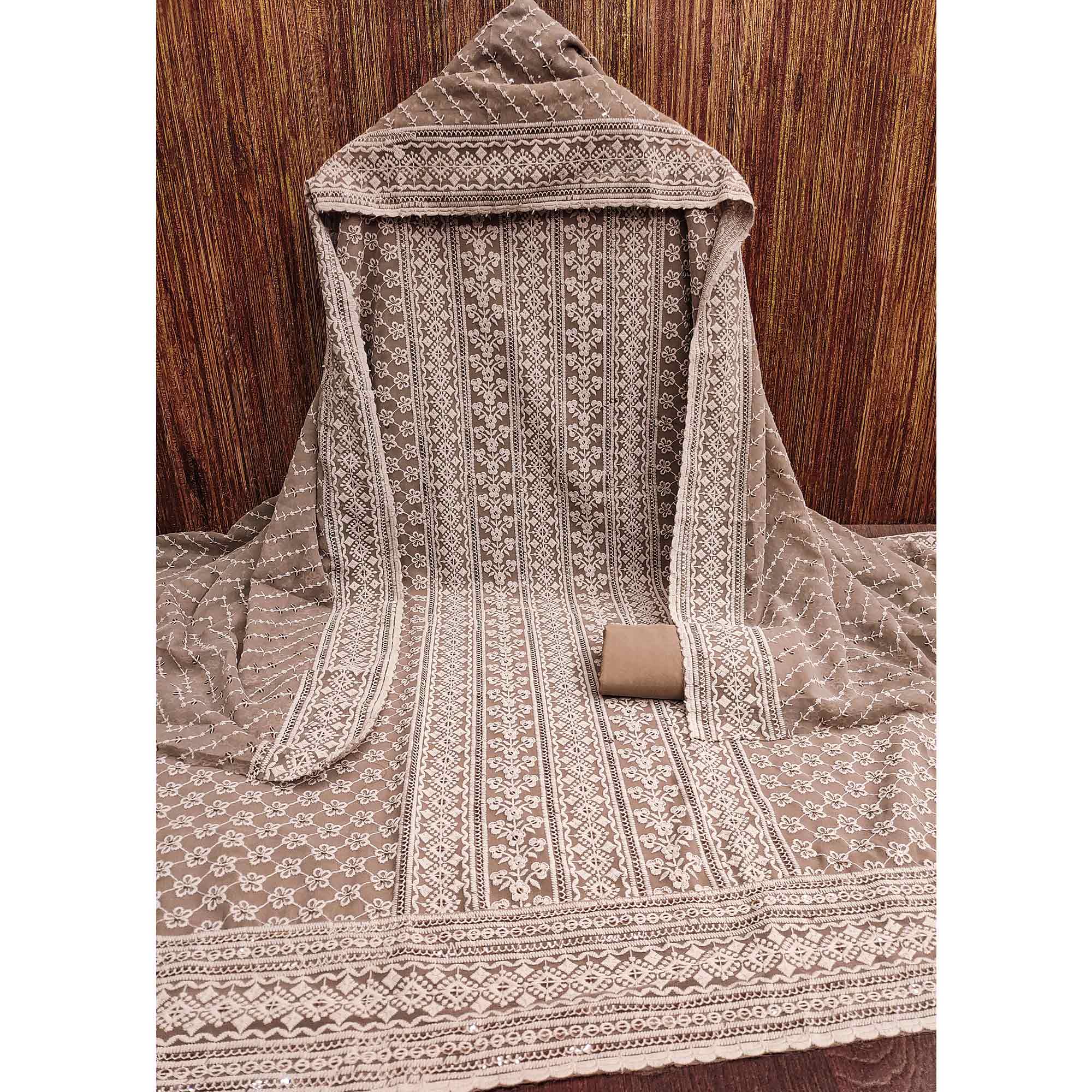 Brown Floral Sequins Embroidered Georgette Dress Material