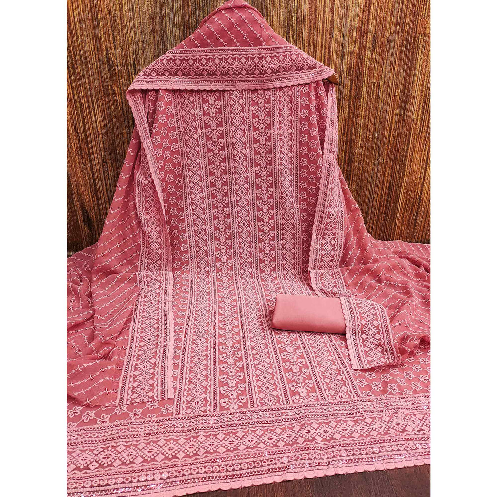 Gajari Pink Floral Sequins Embroidered Georgette Dress Material