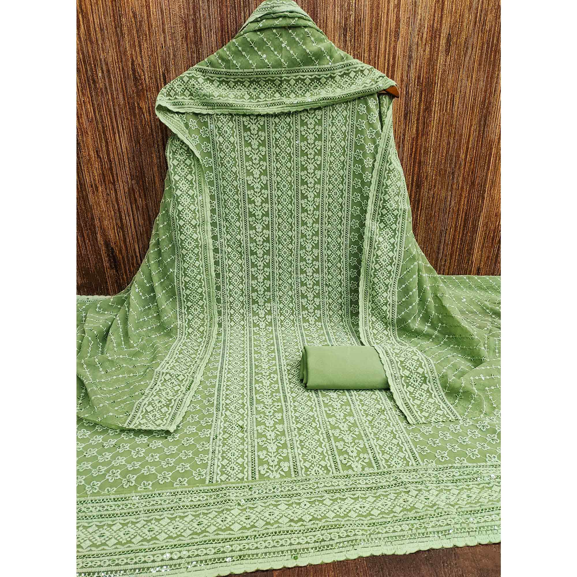 Green Floral Sequins Embroidered Georgette Dress Material
