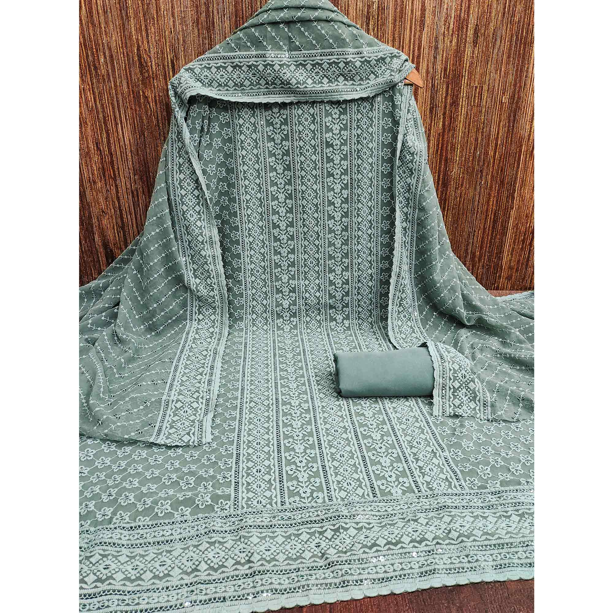 Grey Floral Sequins Embroidered Georgette Dress Material