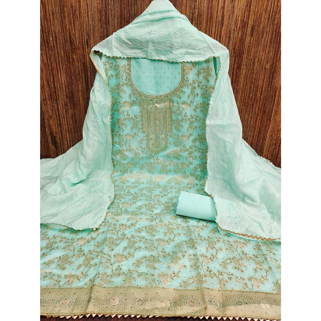 Pale Turquoise Floral Woven With Stonework Banarasi Jacquard Dress Material