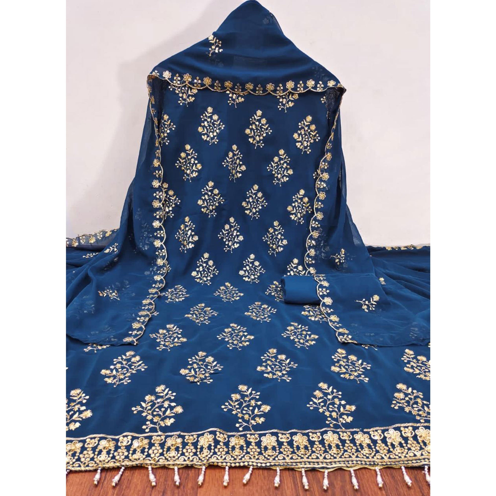 Blue Floral Sequins Embroidered Georgette Dress Material