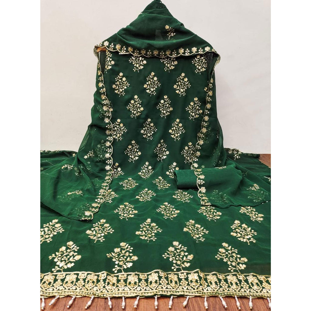 Green Floral Sequins Embroidered Georgette Dress Material