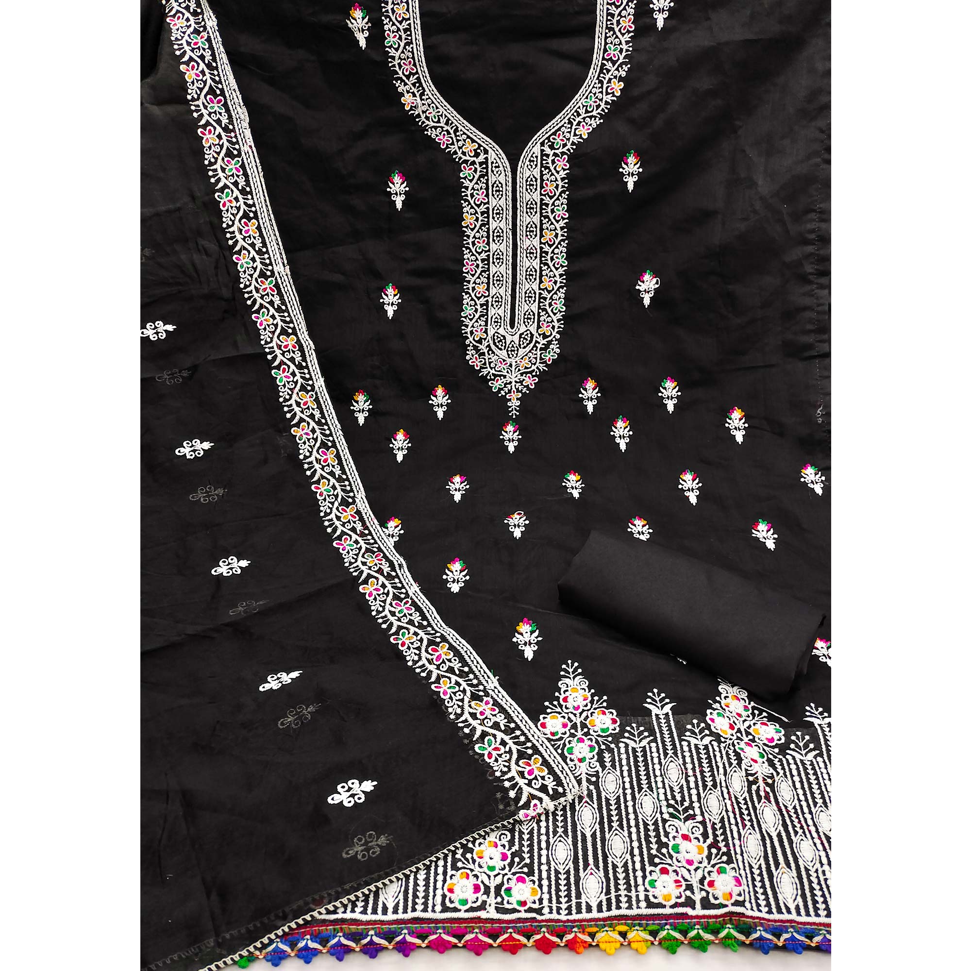 Black Chanderi Silk Dress Material Beautified with Intricate Floral Thread Embroidery