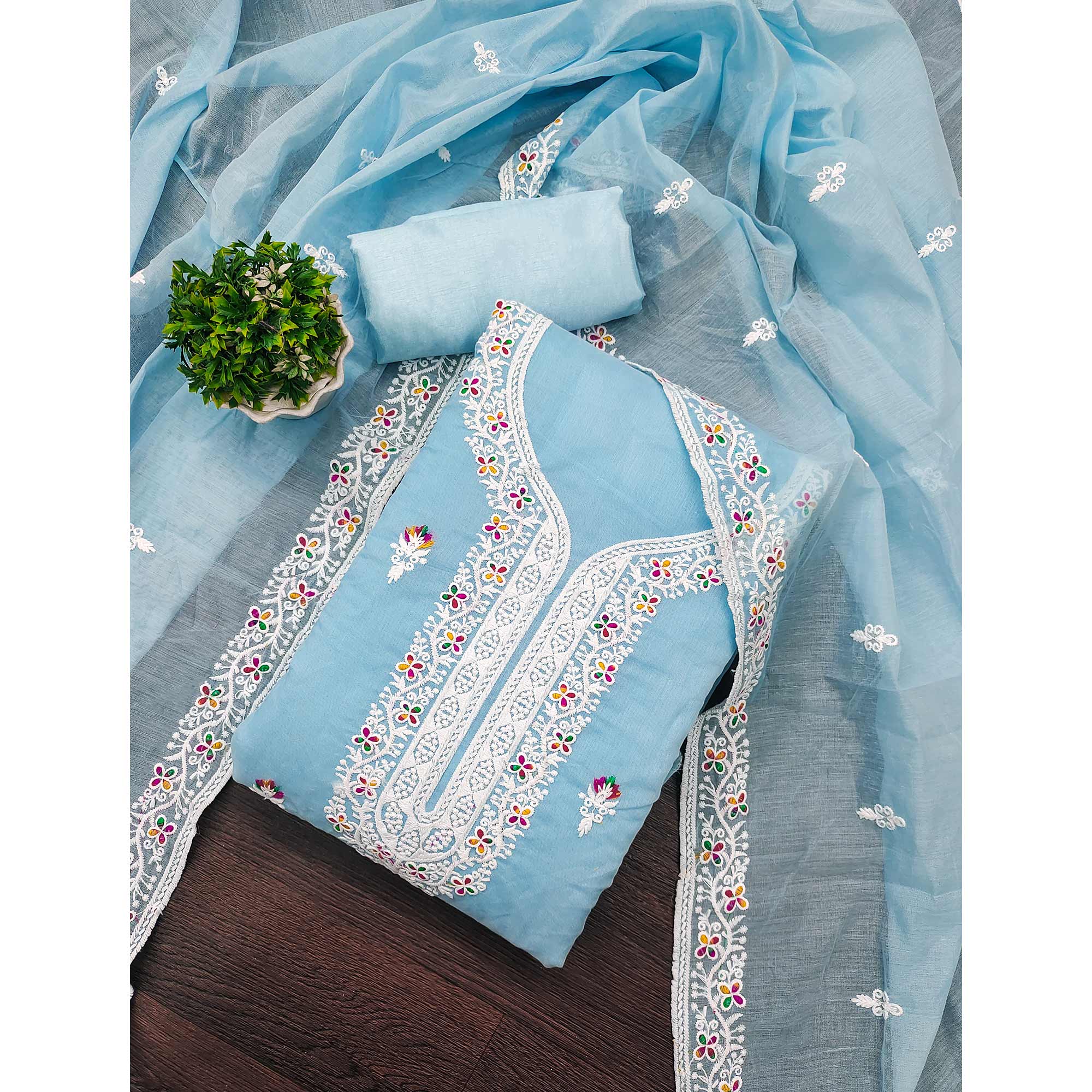 Blue Floral Embroidered Chanderi Dress Material