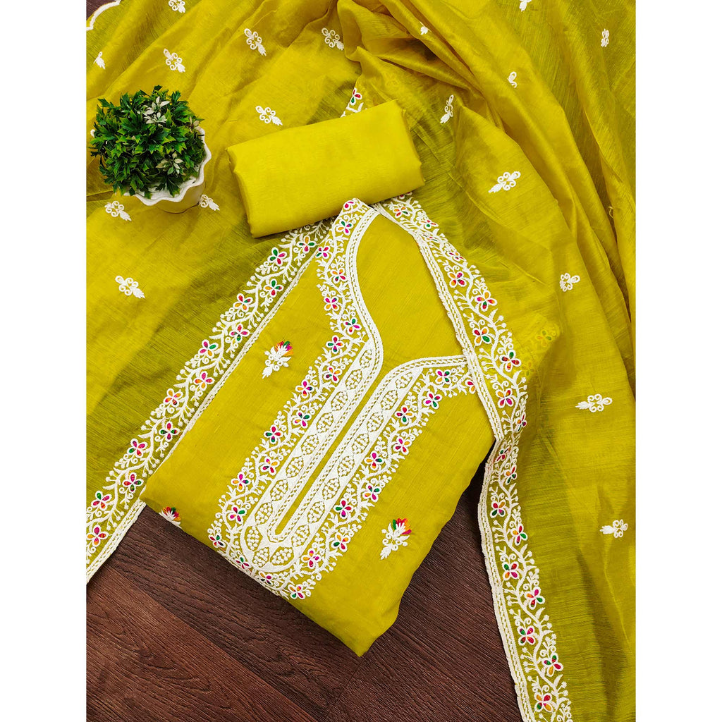 Lemon Yellow Floral Embroidered Chanderi Dress Material