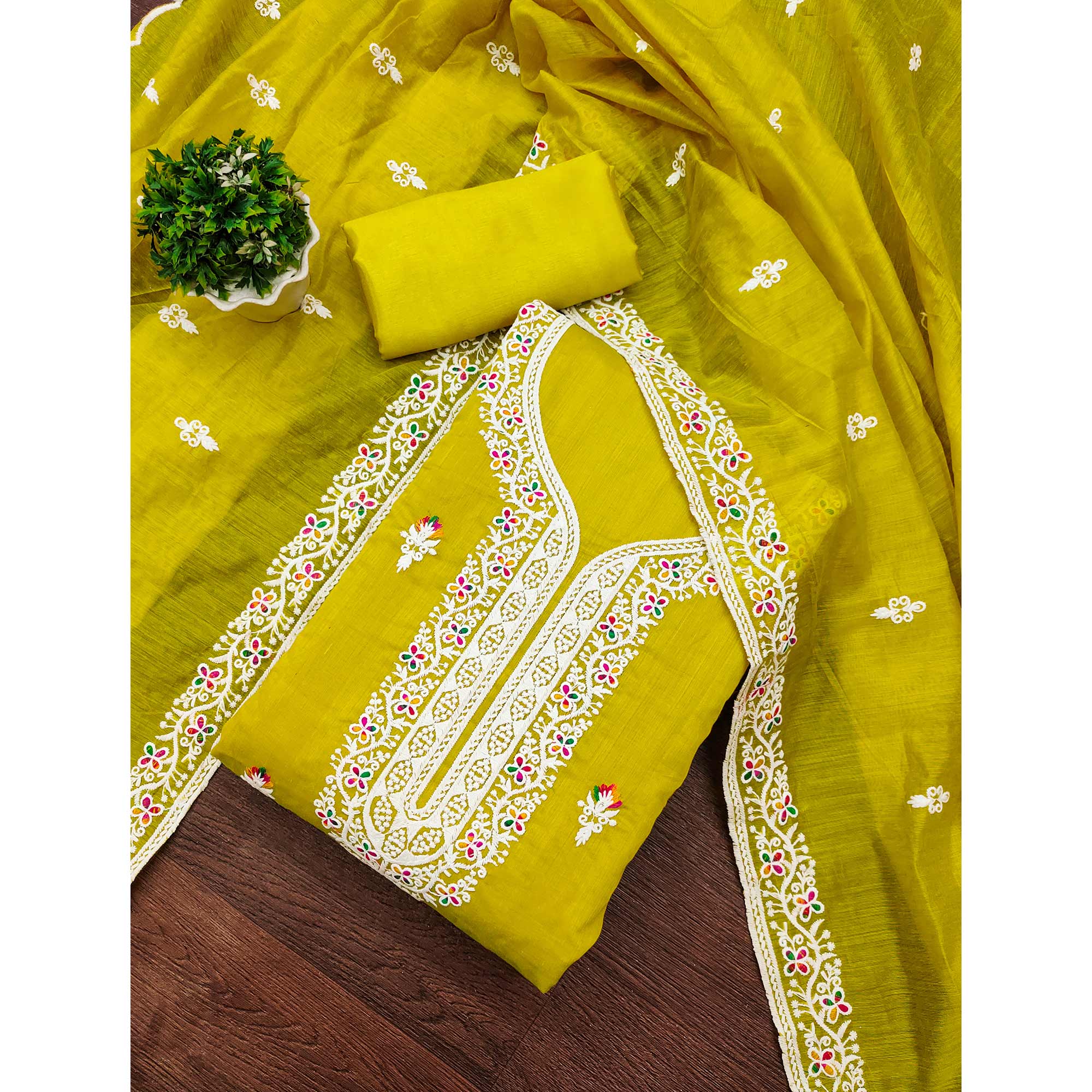 Lemon Yellow Floral Embroidered Chanderi Dress Material