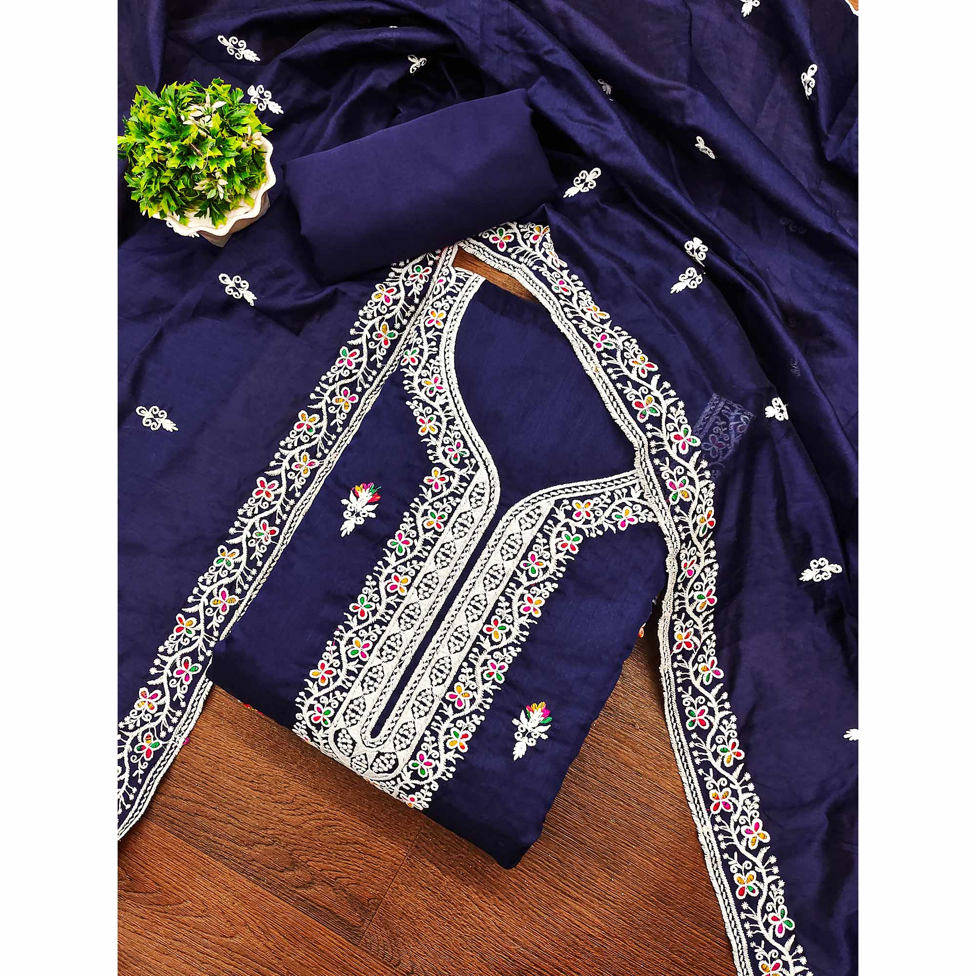 Navy Blue Floral Embroidered Chanderi Dress Material