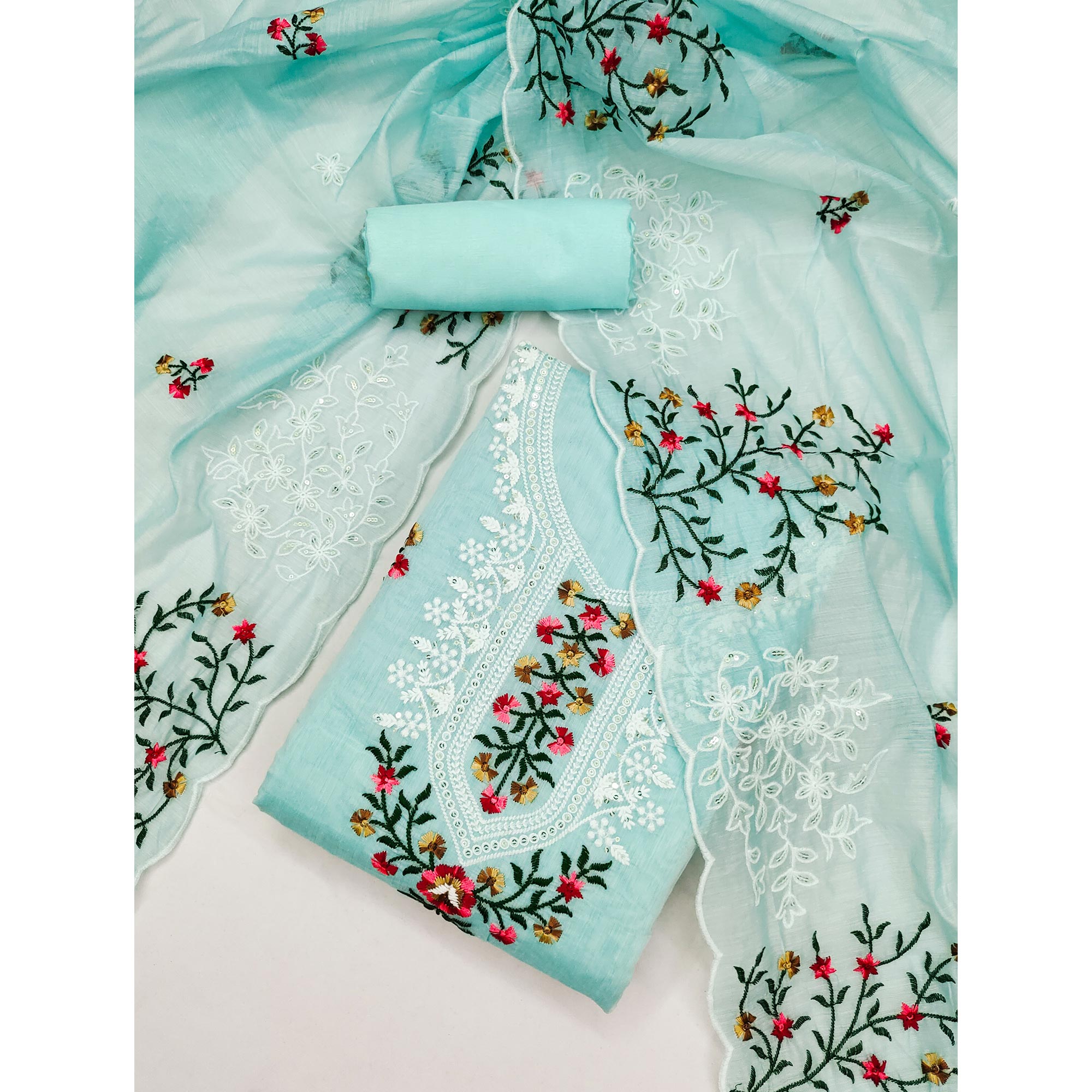 Blue Floral Sequins Embroidered Chanderi Dress Material