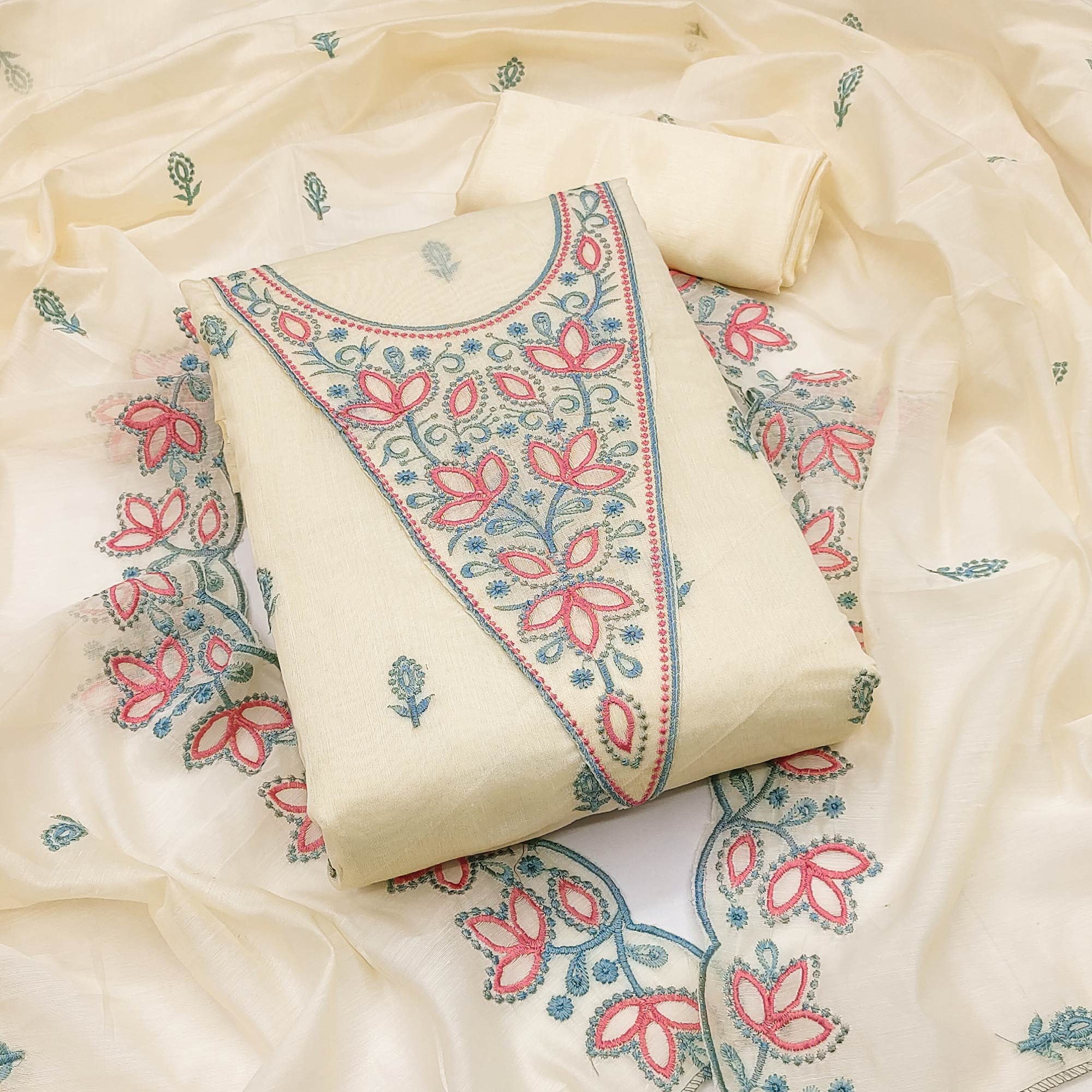 Cream Floral Embroidered Chanderi Dress Material