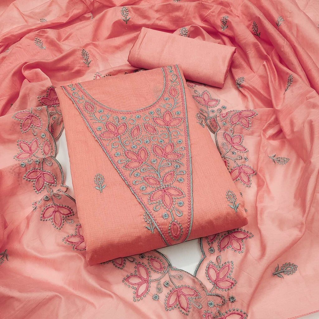 Dark Peach Floral Embroidered Chanderi Dress Material